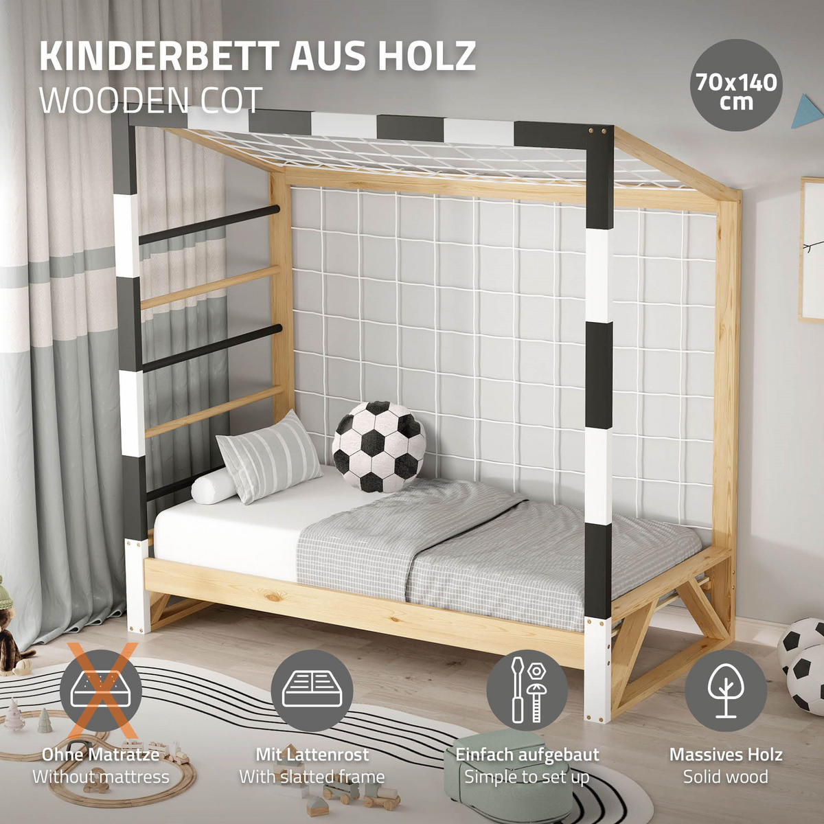 KINDERBETT Fußballtor 70x140 cm Schwarz-Weiß - Hellbraun, Holz (70/150cm) - ML-DESIGN