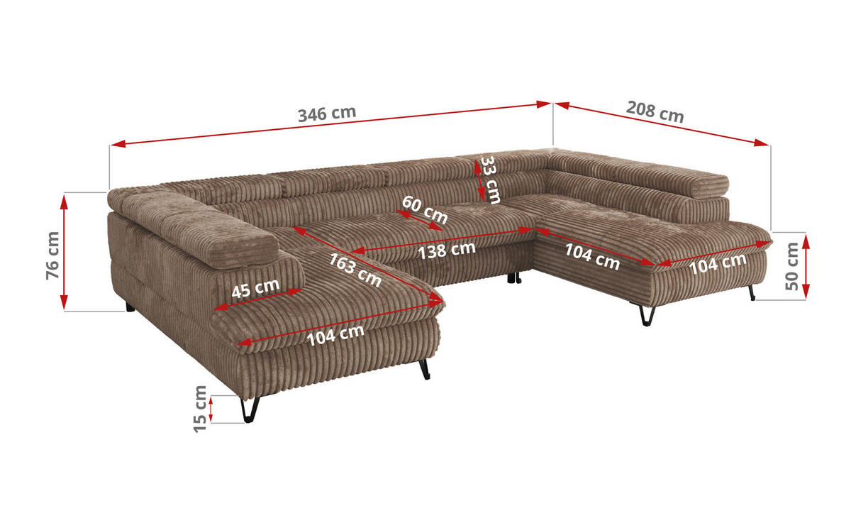 WOHNLANDSCHAFT PABLO U Cord Braun mit Topper T25 - Schwarz/Braun, Textil/Metall (346/76/208cm) - MKS