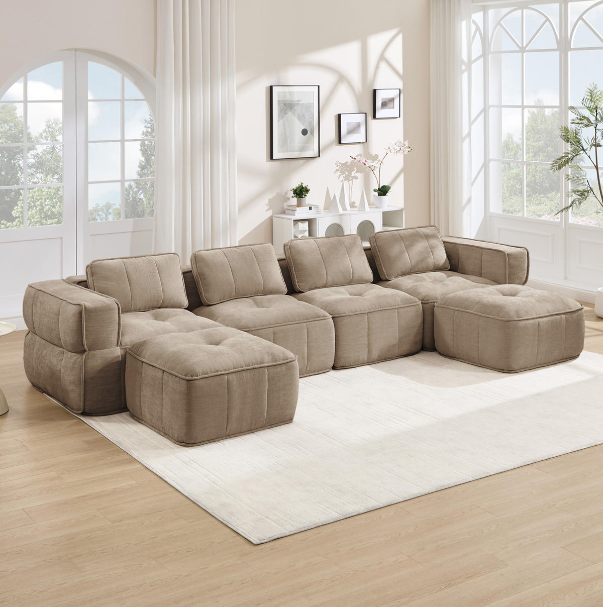 WOHNLANDSCHAFT 344/162/67 cm in Sand aus Polyester mit rutschfestem Standfuß - Sandfarben, Kunststoff (162/67/344cm) - Flora Grace