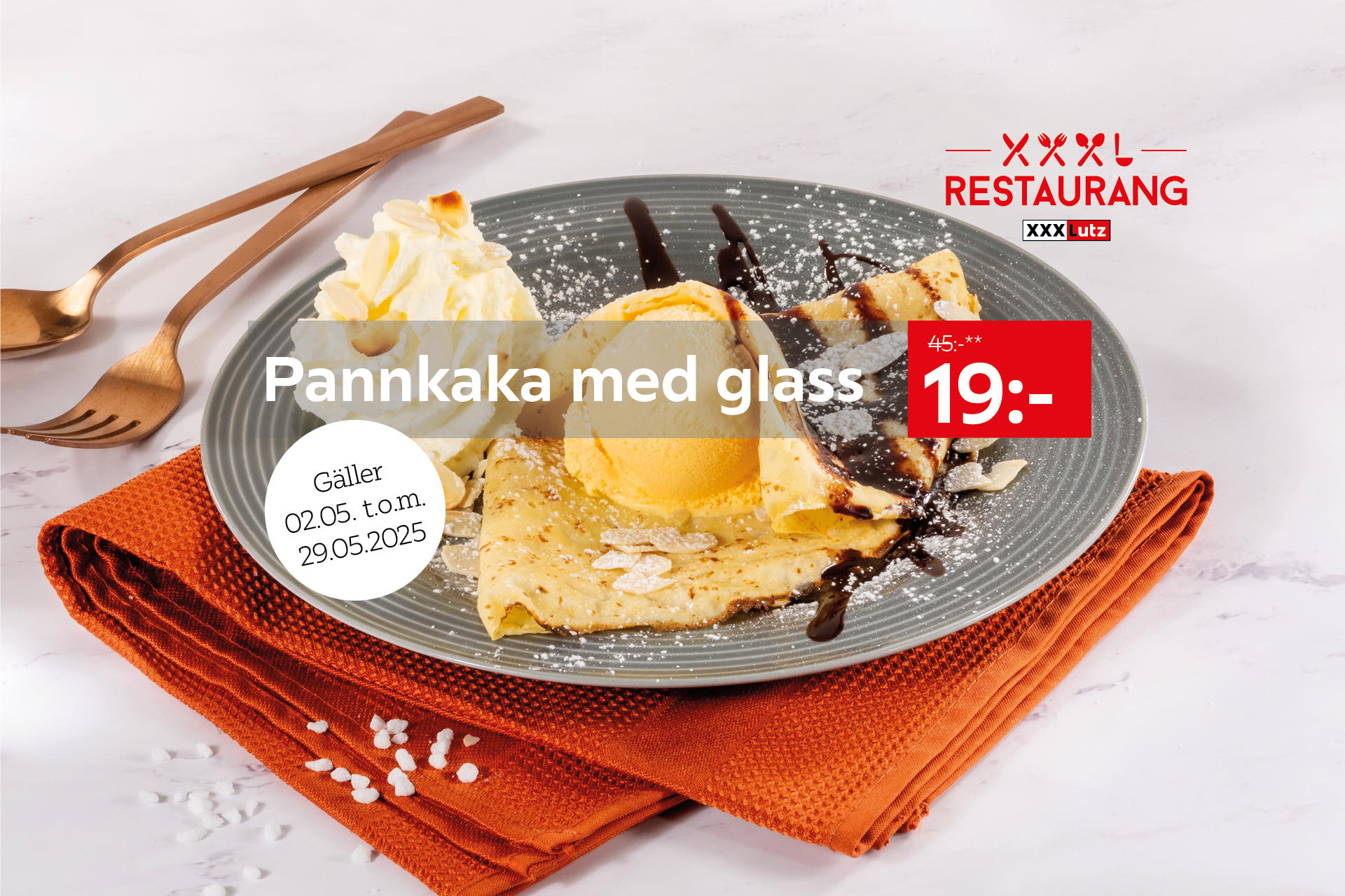 Pannkaka med glass 19:-. Gäller 02.05. t.o.m. 29.05.2025