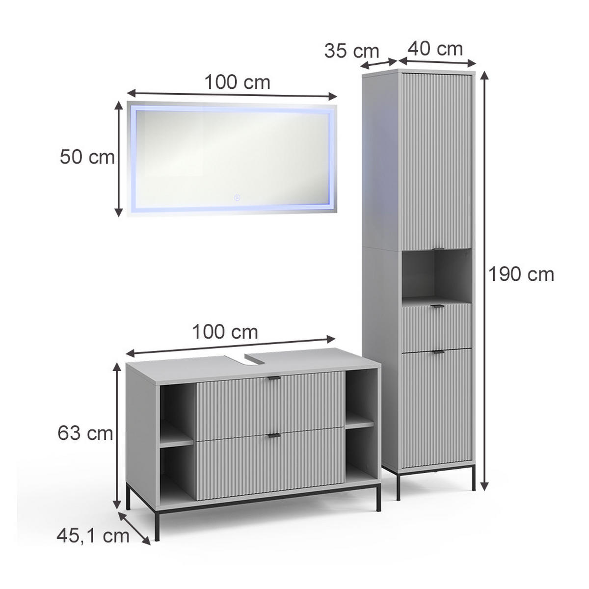 BADMÖBEL-SET Eliza Grau 3 Teile - Grau, Holzwerkstoff (100/63/45.1cm) - Vicco