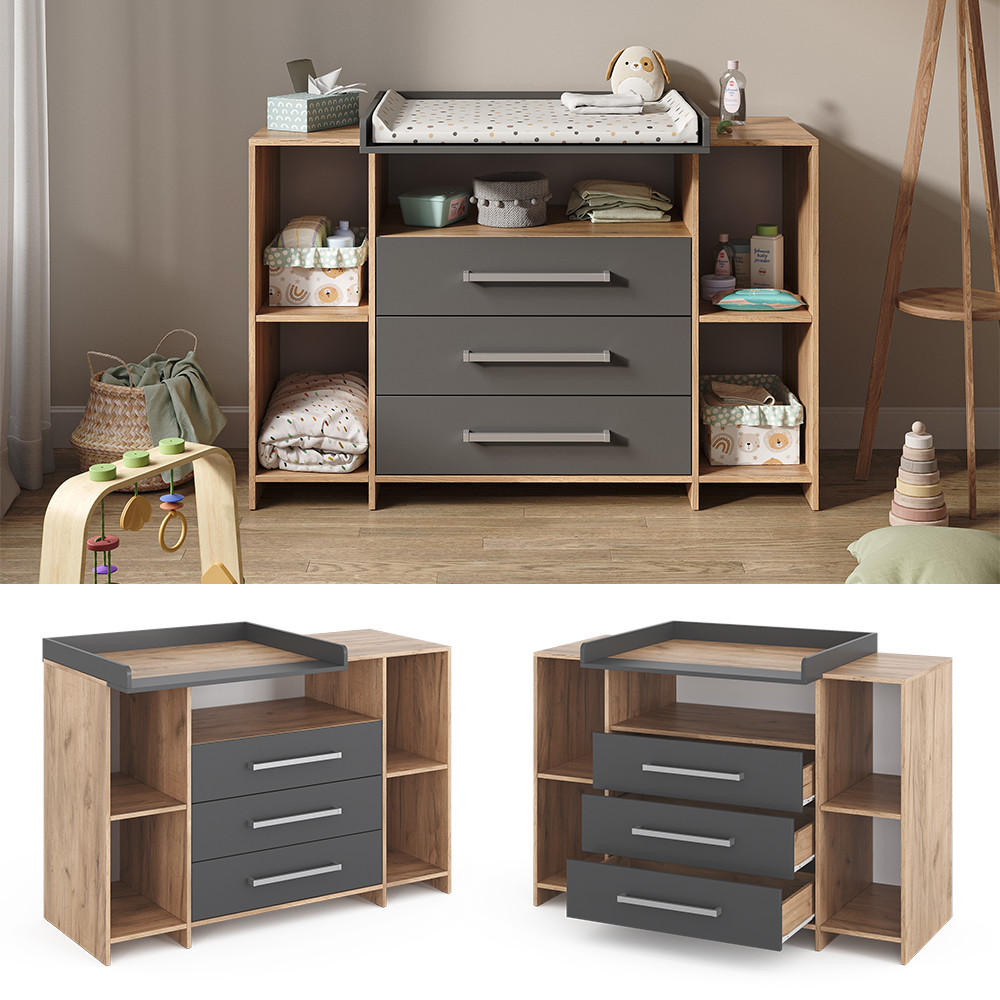 WICKELKOMMODE Oskar Eiche 143 x 100 cm XL mit Schubladen - Anthrazit/Sonoma Eiche, Holzwerkstoff (143/100/70cm) - Vicco