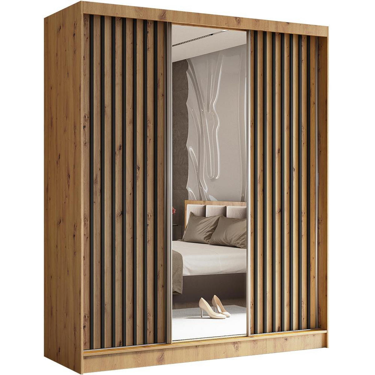 SCHWEBETÜRENSCHRANK Helix 180/216/61 eiche artisan+schwarz mit Schubladeneinsatz - Schwarz/Eiche Artisan, Holzwerkstoff (180/216/61cm) - Beautysofa
