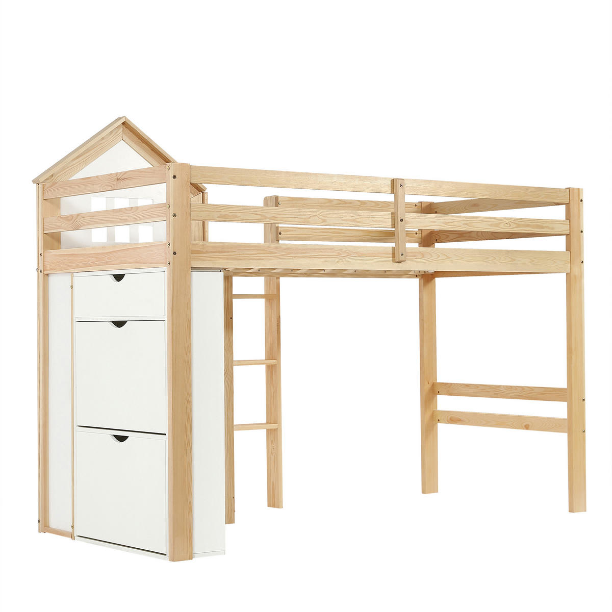 HOCHBETT 90/200 cm DE-02346, in Weiß/Natur, mit Staufächern, Schubladen und Sicherheitsgeländer - Weiß/Naturfarben, Holz/Holzwerkstoff (90/200cm) - ComfortXL