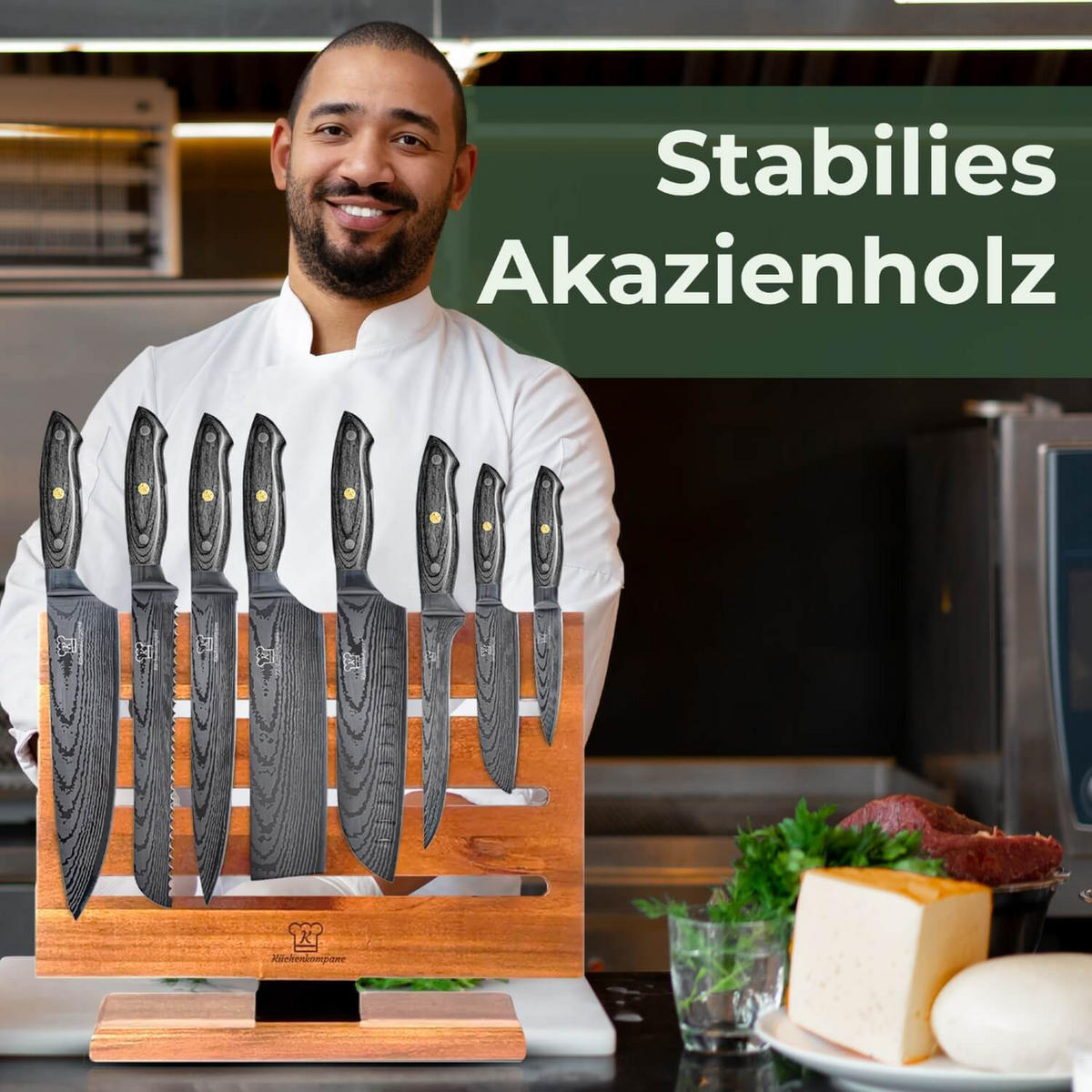 MESSER-SET 9-tlg. mit magnetischem Holz-Messerblock und Edelstahlklingen - Schwarz/Braun, Holz/Metall - Küchenkompane