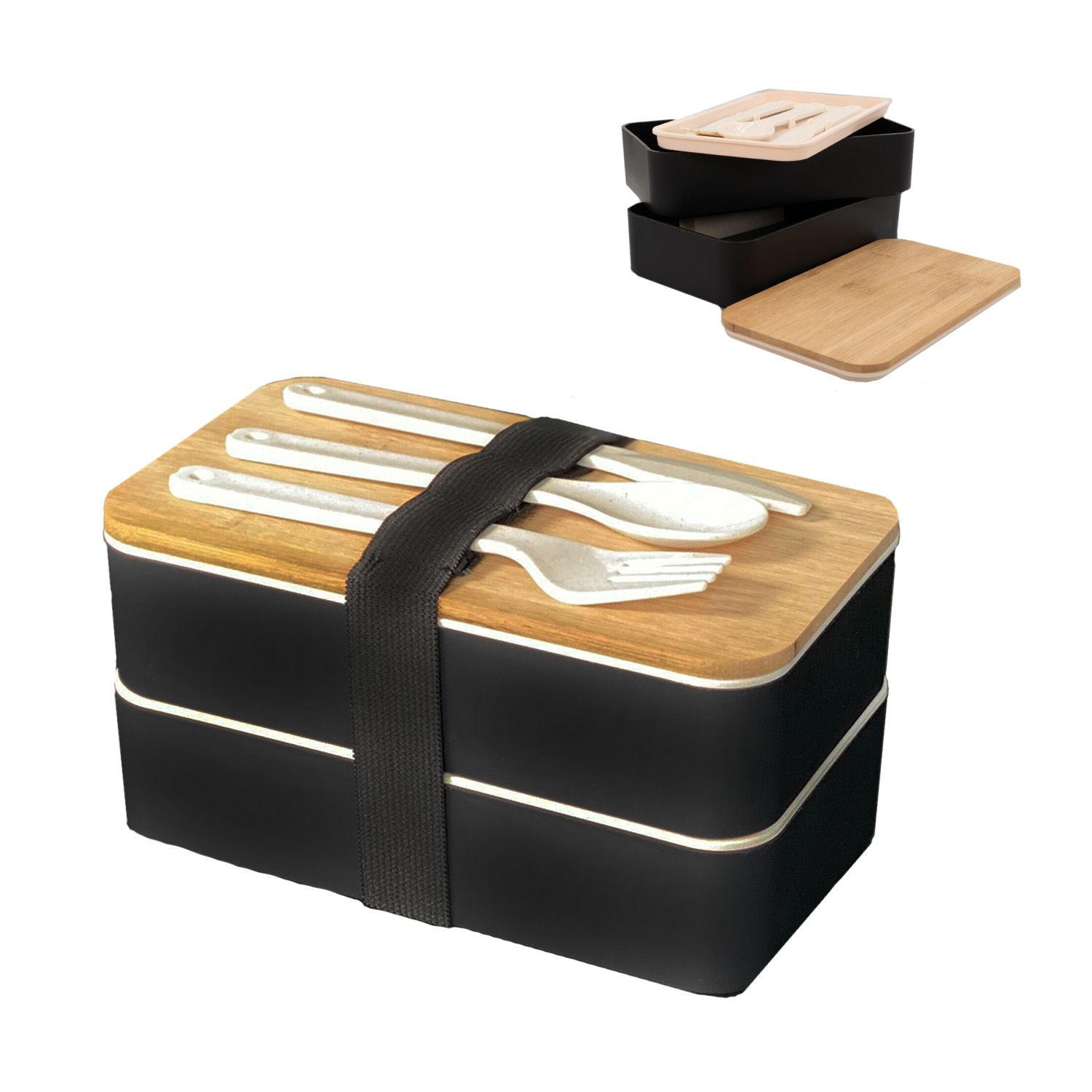 LUNCH BROTBOX mit Messer Gabel Löffel - Schwarz, Naturmaterialien (10.5/9.3/18.5cm) - Intirilife