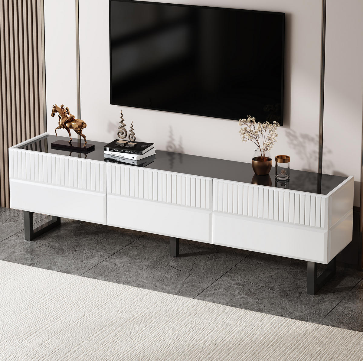 TV-LOWBOARD aus MDF und Spanplatte 170x35x47 cm Schwarz/Weiß mit 3 Schubladen und Hochglanzoberfläche - Schwarz, Holzwerkstoff (170/47/35cm) - Modfu