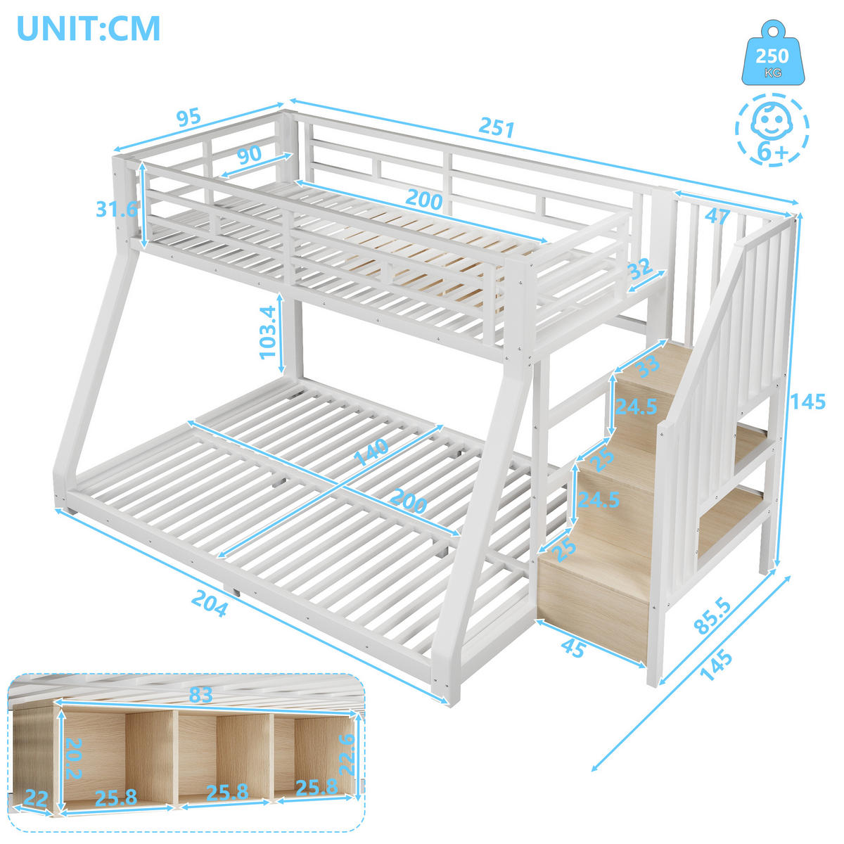 ETAGENBETT 90/200 cm & 140/200 cm in Weiß Kinderbett mit 3 Staufächern, LED und Treppe Metall - Weiß, Holzwerkstoff/Metall (140/200cm) - STILVORA