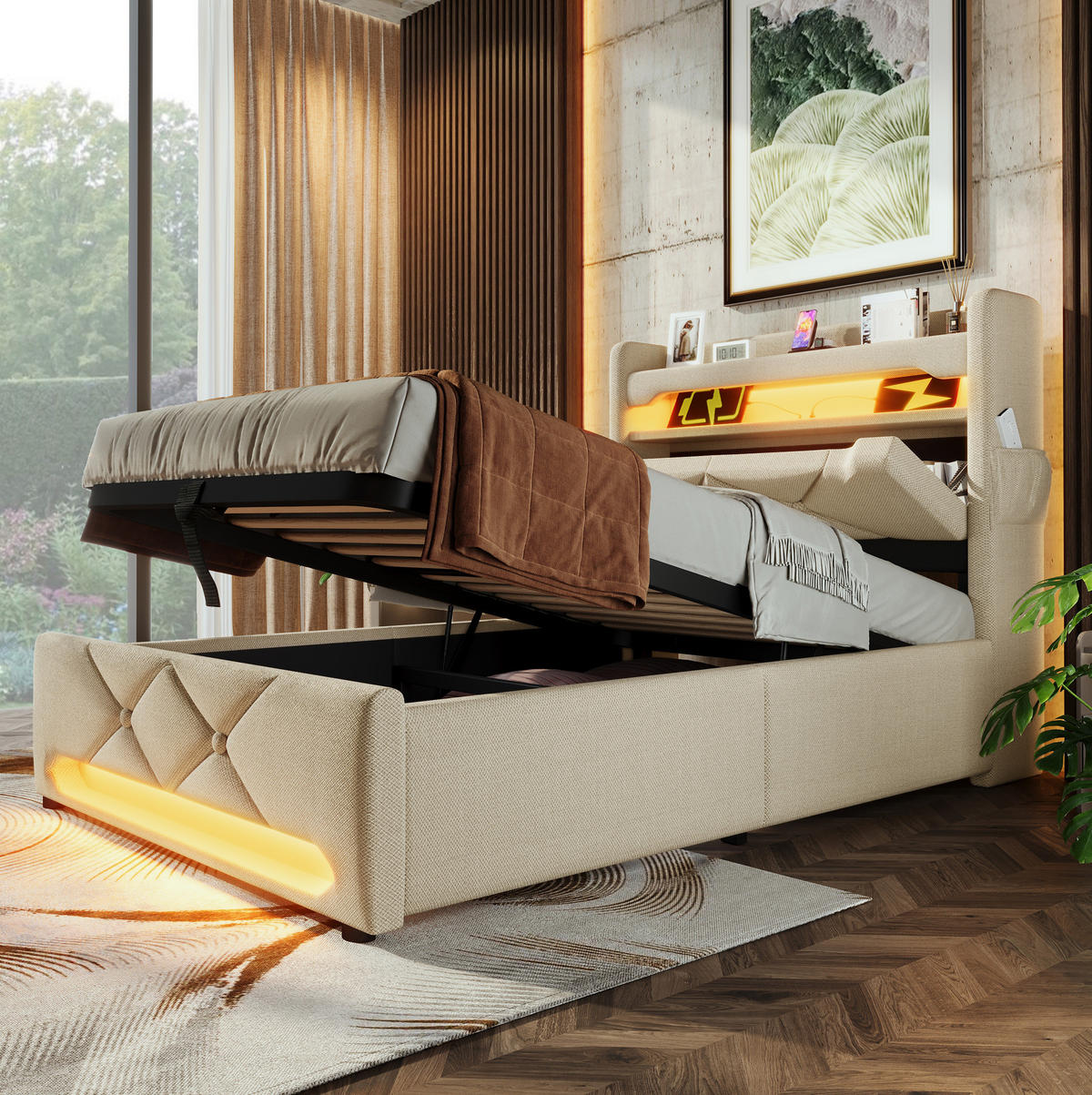 BETT mit LED, USB und Stauraum 90x200 cm Leinen Beige - Beige, Metall (90/200cm) - Meubliv