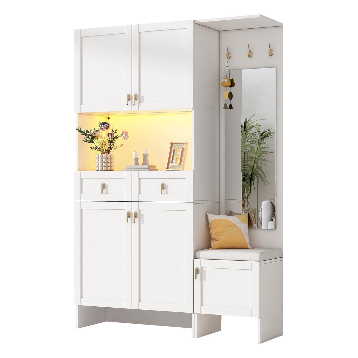 SCHUHSCHRANK aus Spanplatte 120x33.5x180cm in Weiß mit LED-Beleuchtung - Weiß, Holzwerkstoff (120/180/33.5cm) - Modfu