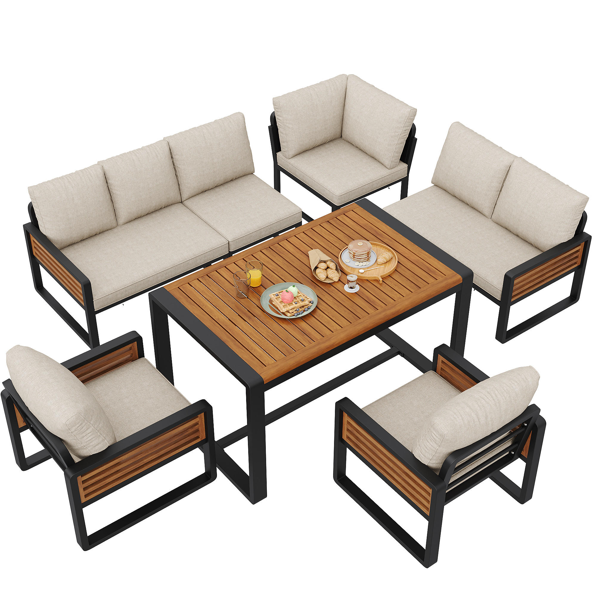 GARTENLOUNGE Beige 8 Personen Massivholz Tisch Kissen Set - Beige, Holz - FLIEKS