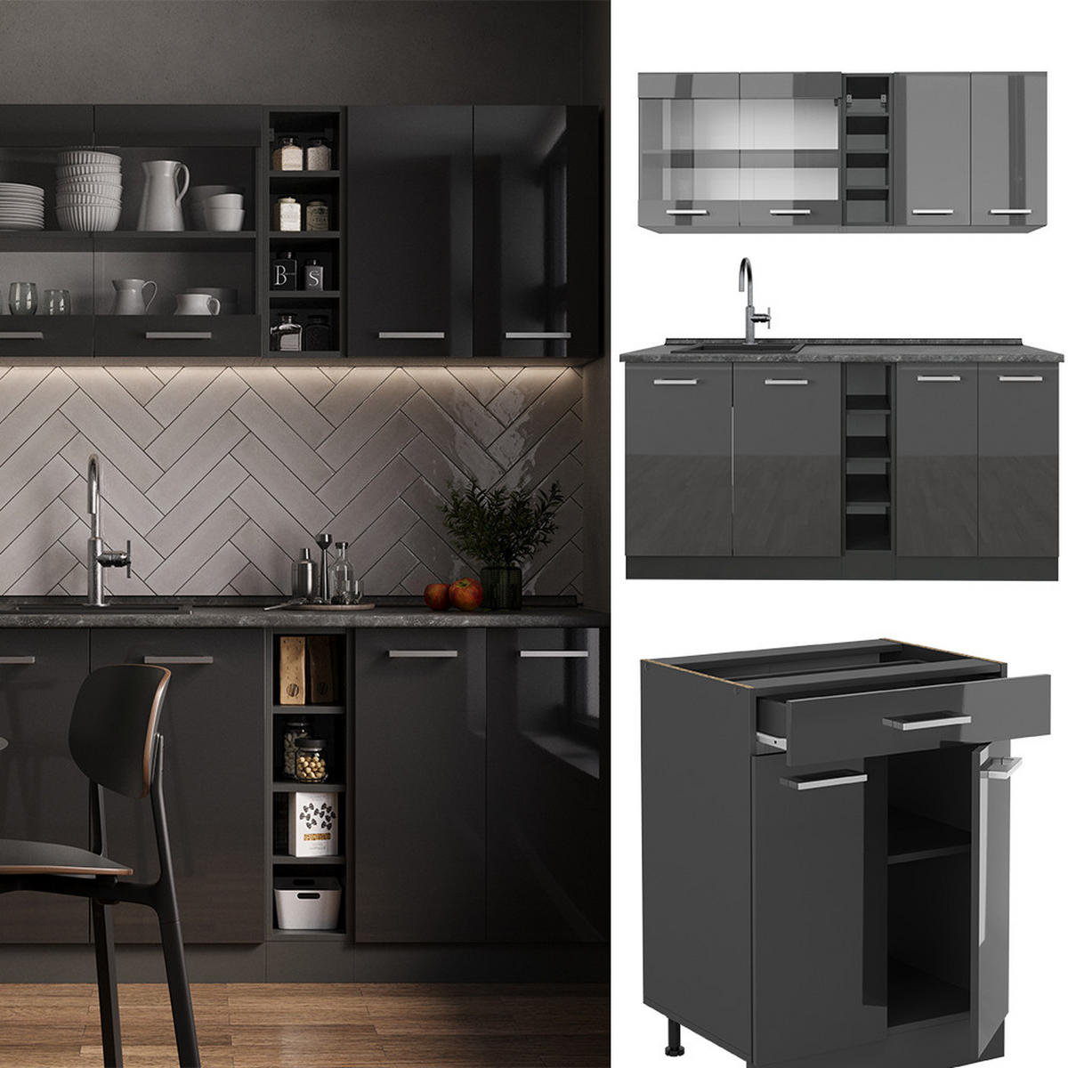 SINGLEKÜCHE R-Line Anthrazit Hochglanz/Anthrazit 160 cm ohne Arbeitsplatte - Anthrazit, Holzwerkstoff (160/81.6/46cm) - Vicco