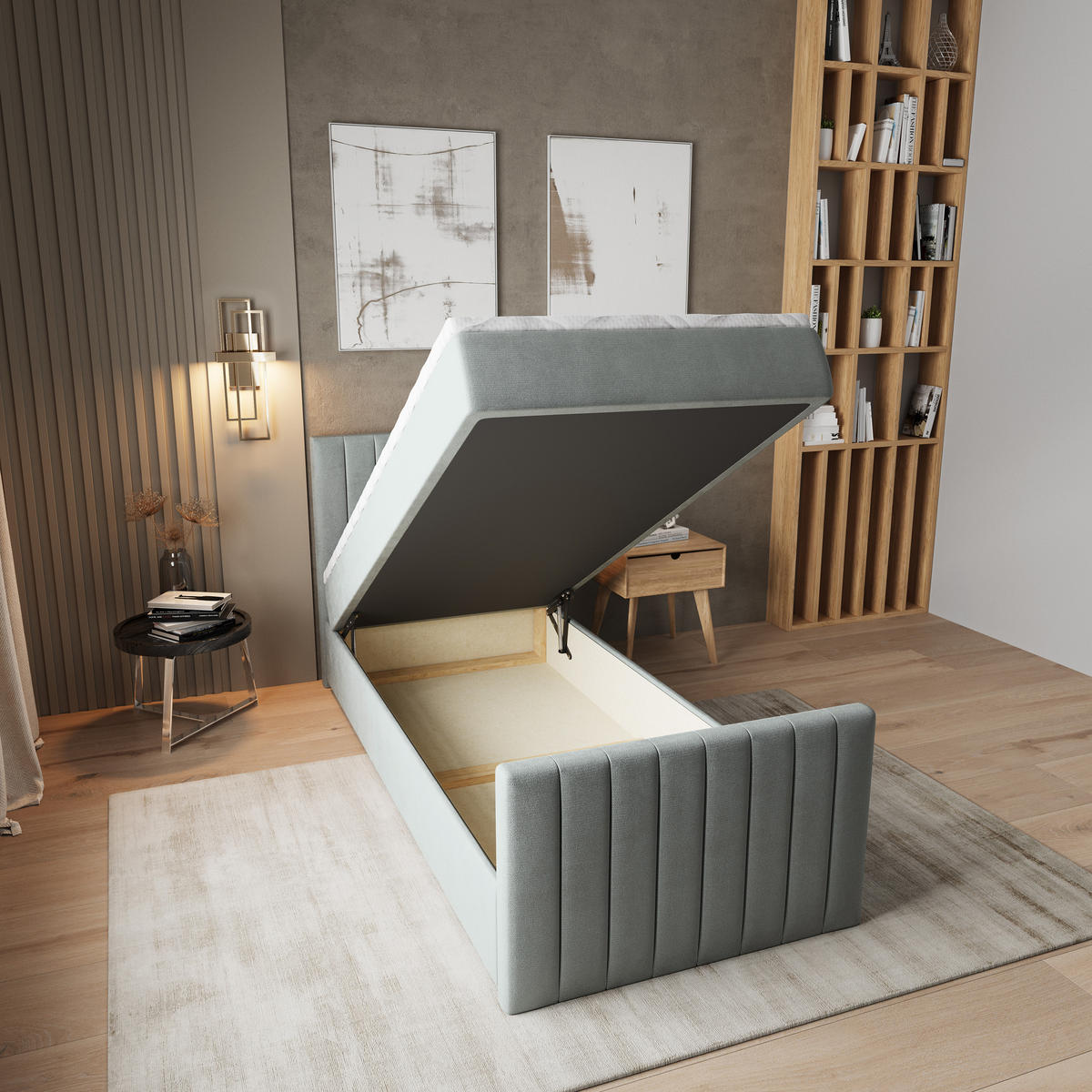 BOXBETT ARION 90 90x200 cm mit Matratze und Topper, H2+H3 - Hellgrau - Hellgrau, Holz (90/200cm) - MASSENO