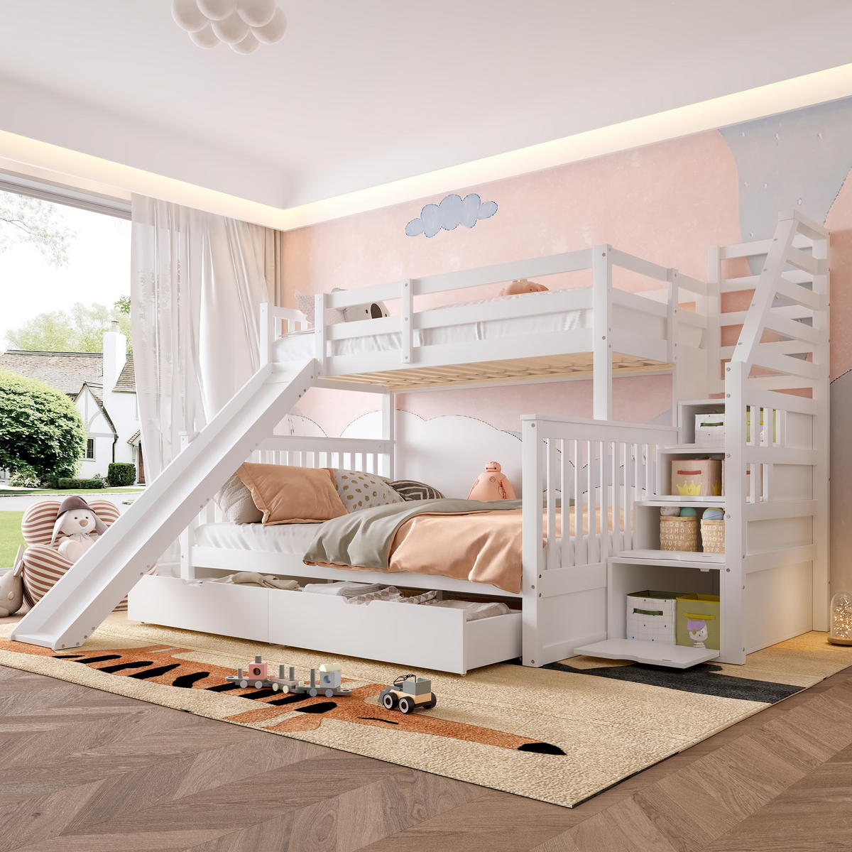 ETAGENBETT 90/200 über 140/200 cm mit Rutsche und Stauraum in Antikweiß - Weiß, Holzwerkstoff (90/200cm) - BEAOK