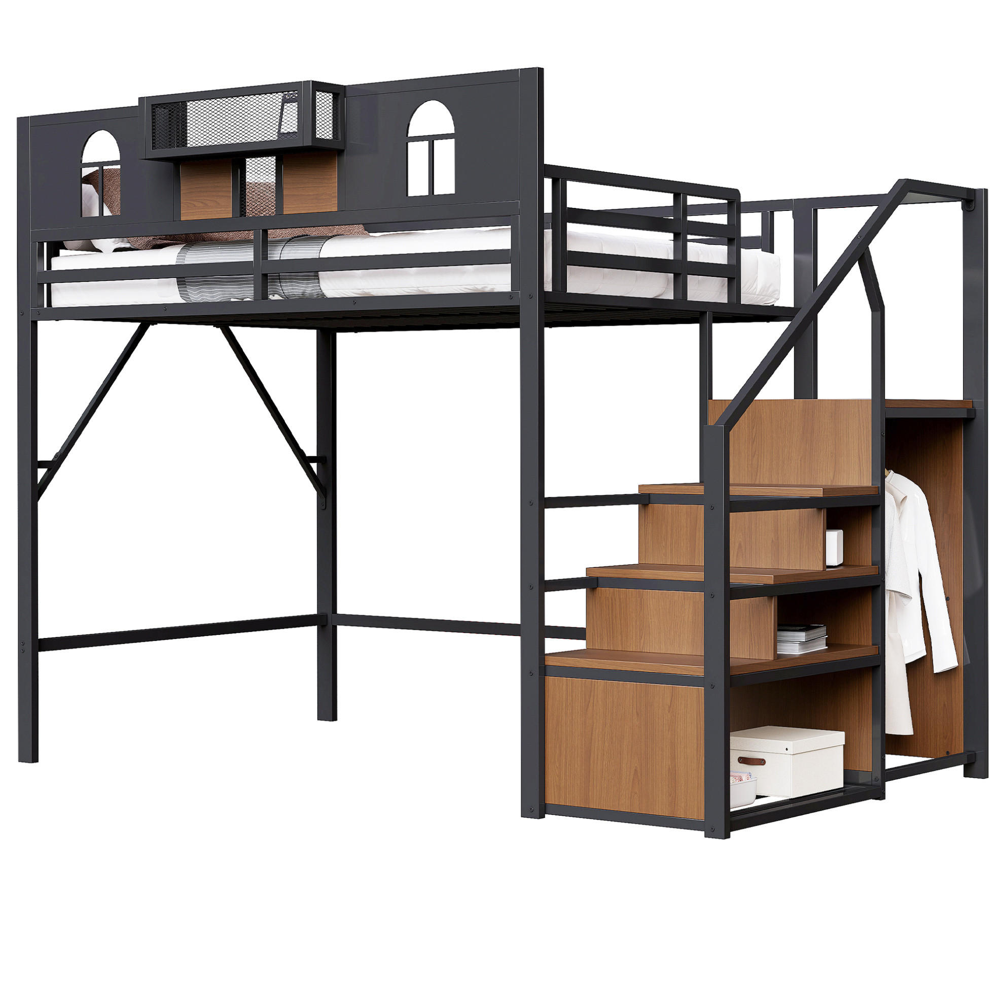 HOCHBETT 140/200 cm Schwarz aus Metall mit Stauraumleiter - Schwarz, Metall (140/200cm) - OKMYHOME