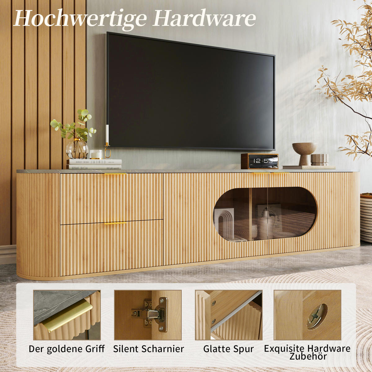 TV STOLEK vzhled dřeva a sklo moderní 172 cm design - přírodní, kompozitní dřevo (172/45.5/38cm) - Urban Meuble