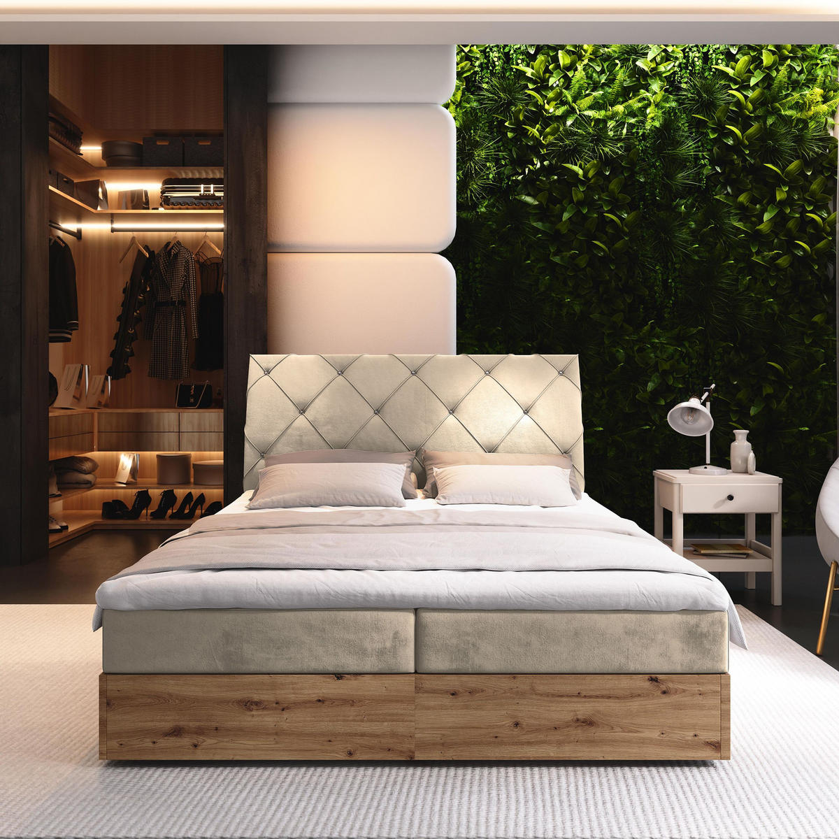 BOXBETT VELLANO 180x200 cm mit Matratze und Topper - Beige - Beige, Holz (180/200cm) - MASSENO