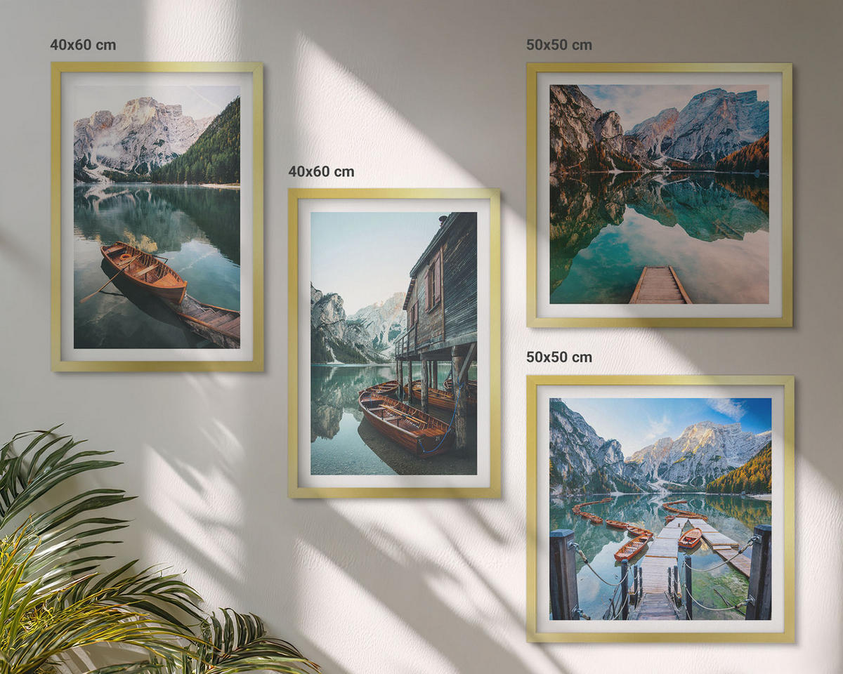 BILDER SET 4er Set - 50x50 cm & 40x60 cm Goldrahmen - See, Berge, Boote, Ferienhaus - Goldfarben, Kunststoff (50/50cm) - TULUP