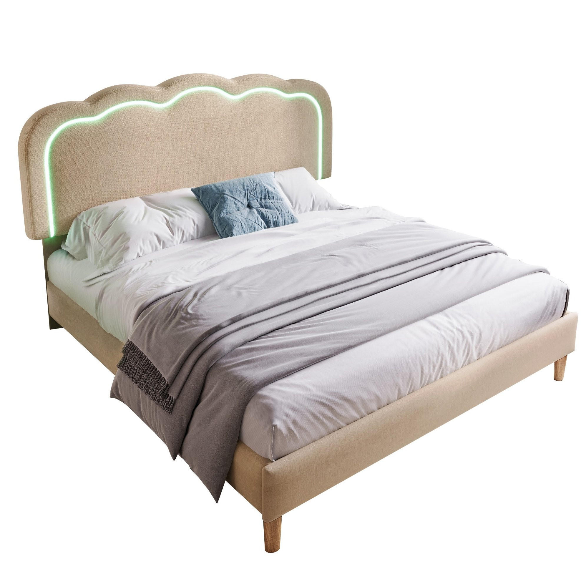 POLSTERBETT 140/200 cm aus Leinen mit LED-Kopfteil Beige - Beige, Textil (140/200cm) - Modenvie