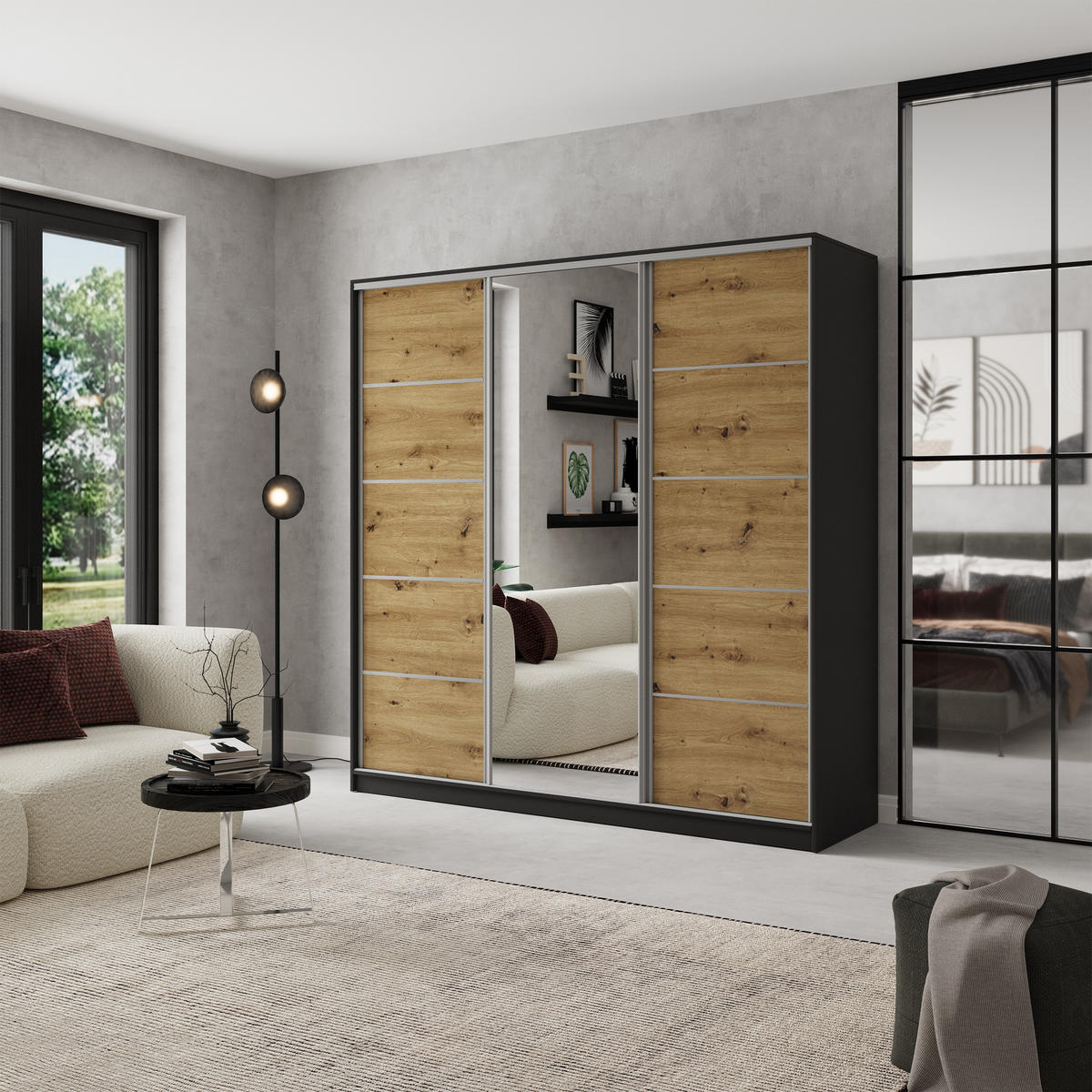 SCHWEBETÜRENSCHRANK NATA 200/205/58 cm 3-türig mit Spiegel und 4 Schubladen Schwarz - Schwarz/Eiche Artisan, Holzwerkstoff (200/205/58cm) - MASSENO