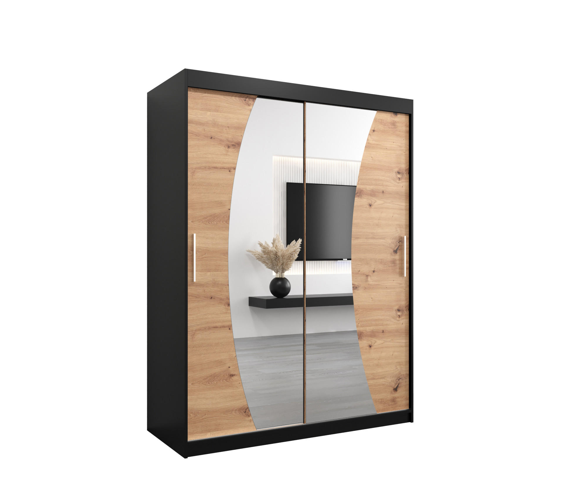 Abiks Möbel Schwebetürenschrank Schwarz, Eiche Artisan 150x200x62 cm