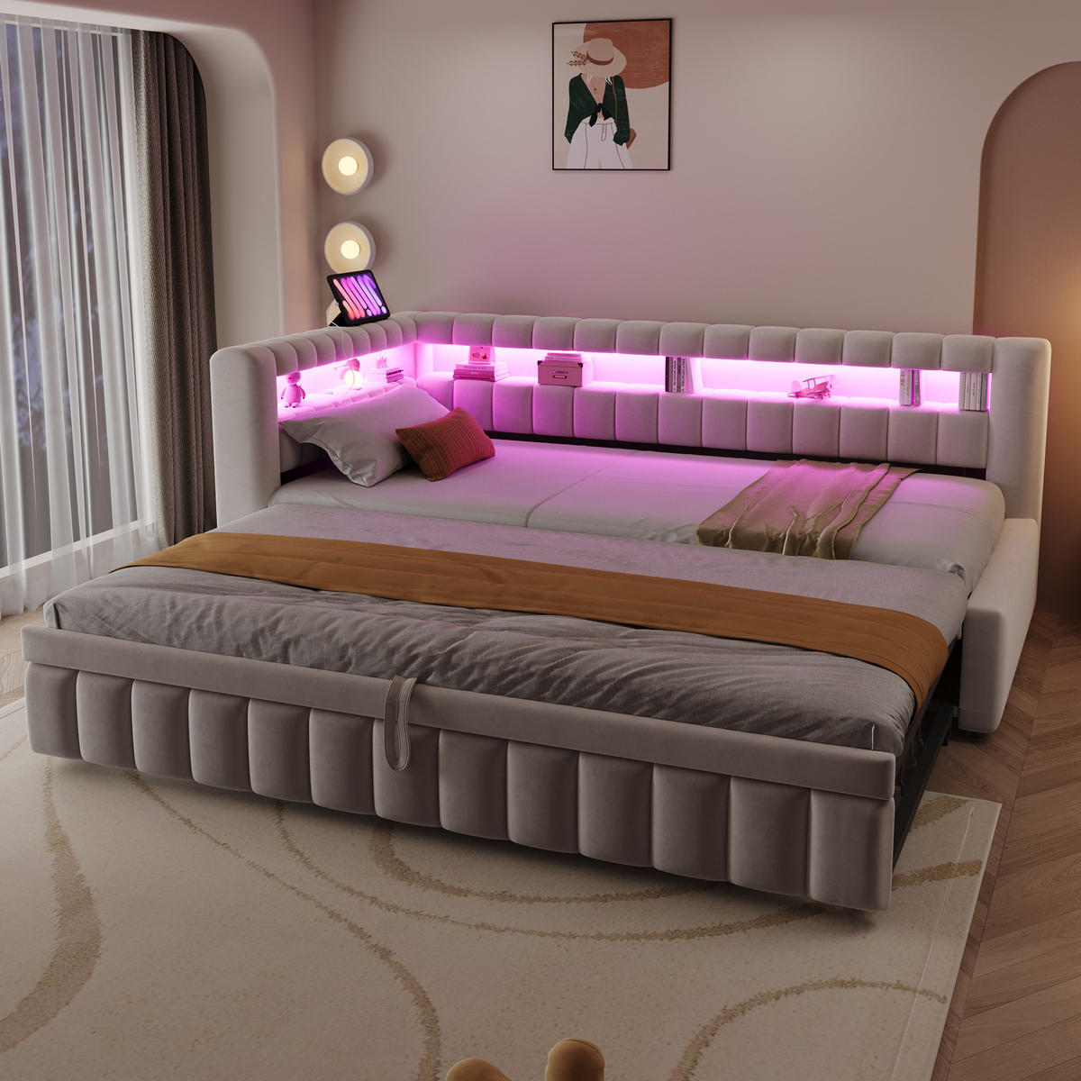 POLSTERBETT 90x200 Beige Samt LED USB - Beige, Textil (90/200cm) - FLIEKS