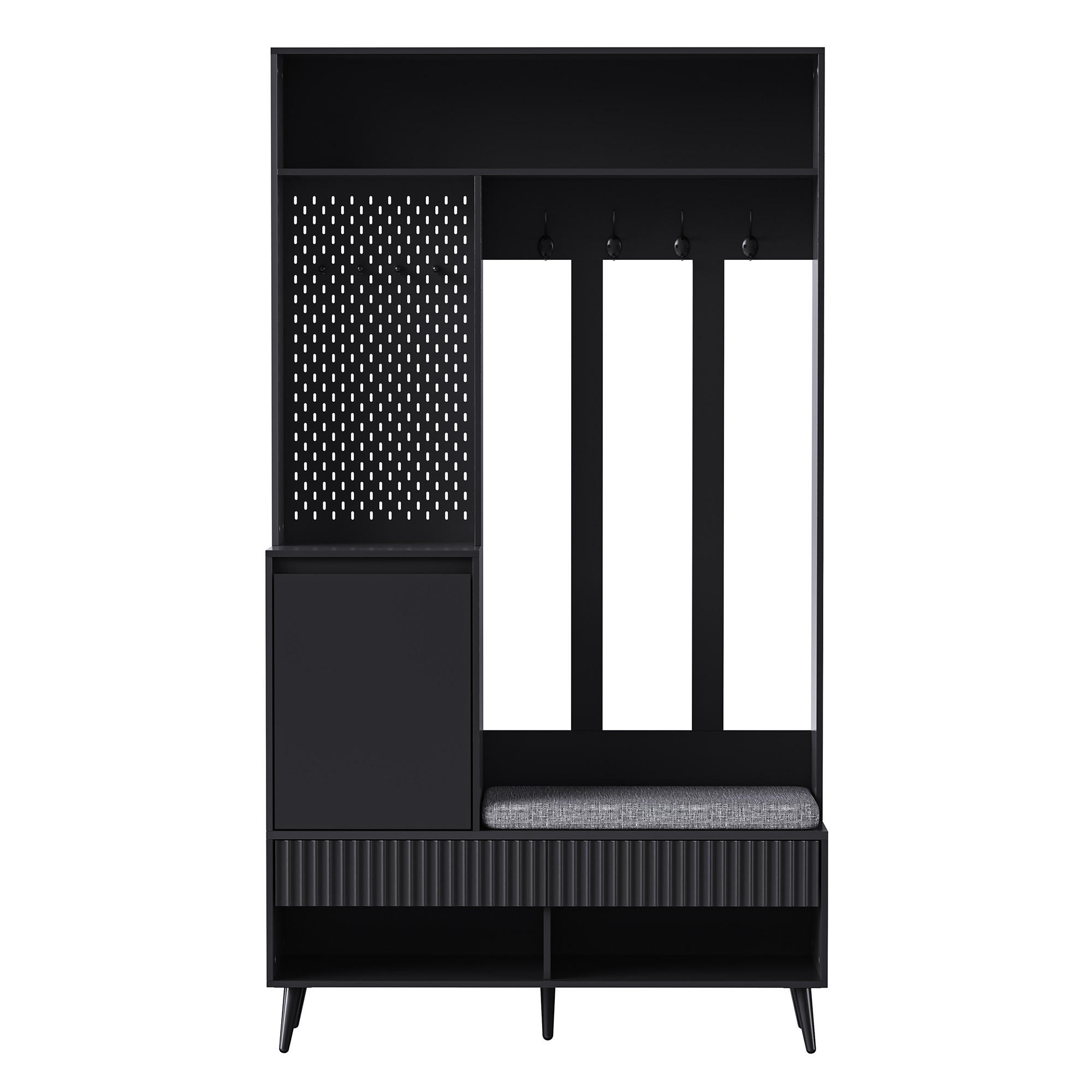 GARDEROBENSET Wandgarderobe mit Schuhbank 4 Haken Schwarz 100x35x180cm - Schwarz, Holzwerkstoff (35/180/100cm) - FLIEKS