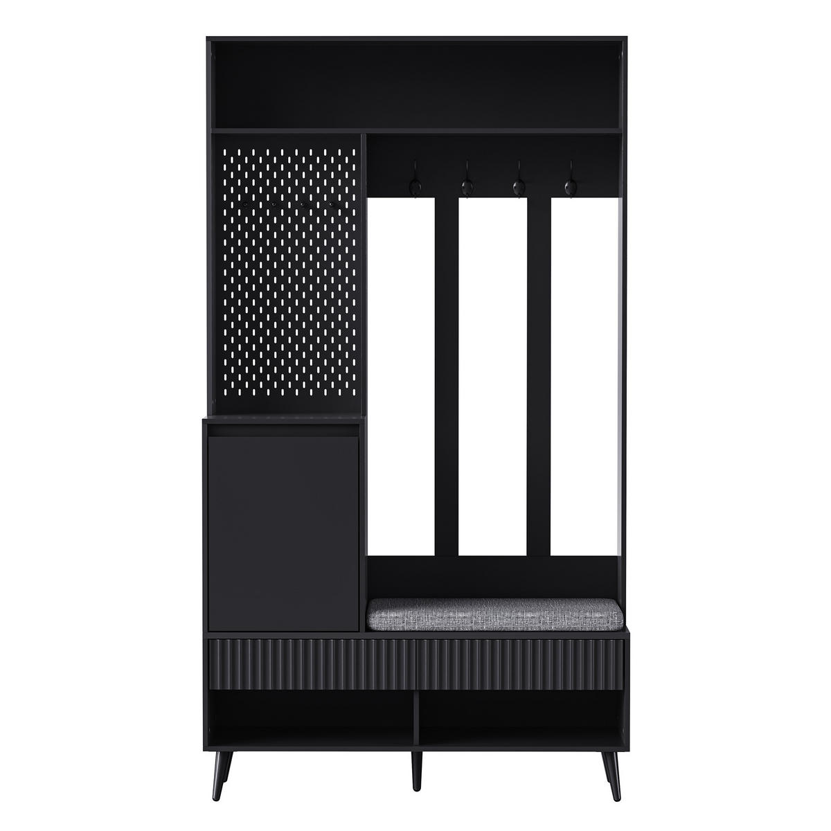 GARDEROBENSET Wandgarderobe mit Schuhbank 4 Haken Schwarz 100x35x180cm - Schwarz, Holzwerkstoff (35/180/100cm) - FLIEKS