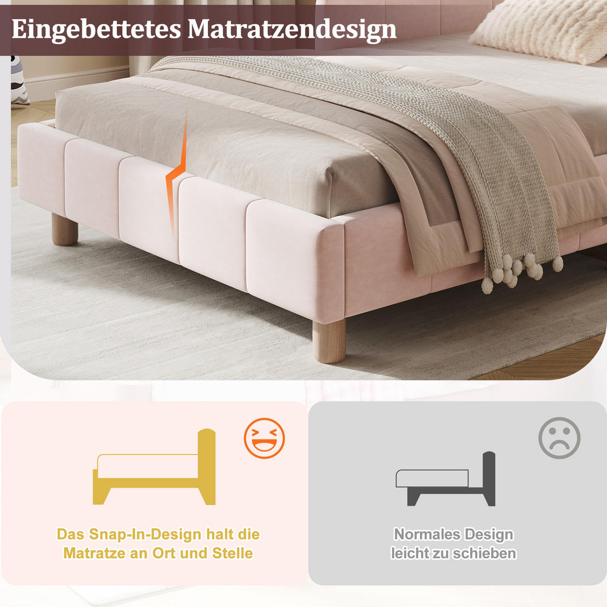 KINDERBETT 90/200 cm in Pink Samt mit Rausfallschutz und Taschen - Rosa, Holzwerkstoff/Textil (90/200cm) - WISHDOR