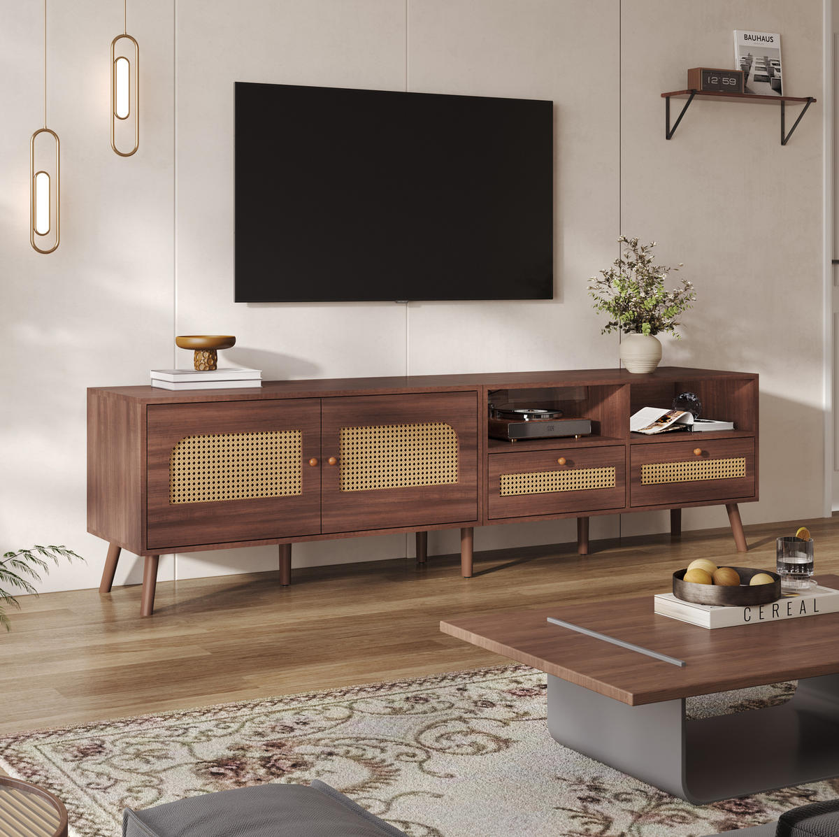 TV stolík 200/37/49,5 cm tmavohnedý z drevotriesky s ratanovými dvierkami a 2 zásuvkami - hnedá, kompozitné drevo (200/49.5/37cm) - OKWISH