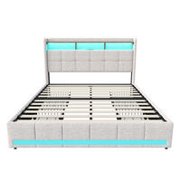 POLSTERBETT 140x190 cm mit LED, USB, 4 Schubladen, Leinen, Beige - Beige, Metall (140/190cm)