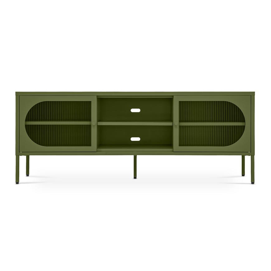 TV-LOWBOARD Industrielles aus olivgrünem Metall, 160 cm, 2 Türen aus geriffeltem Glas - COME - Grün, Metall (160/60/40cm) - Sicaan