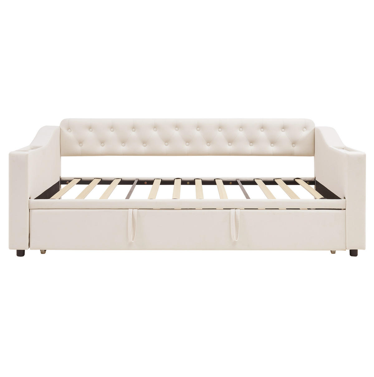 BETT aus Samtstoff 90x190/180x190 cm Beige mit USB- und Type-C-Anschluss, Stauraum und Auszugsfunktion - Beige, Textil (90/180cm) - Modfu
