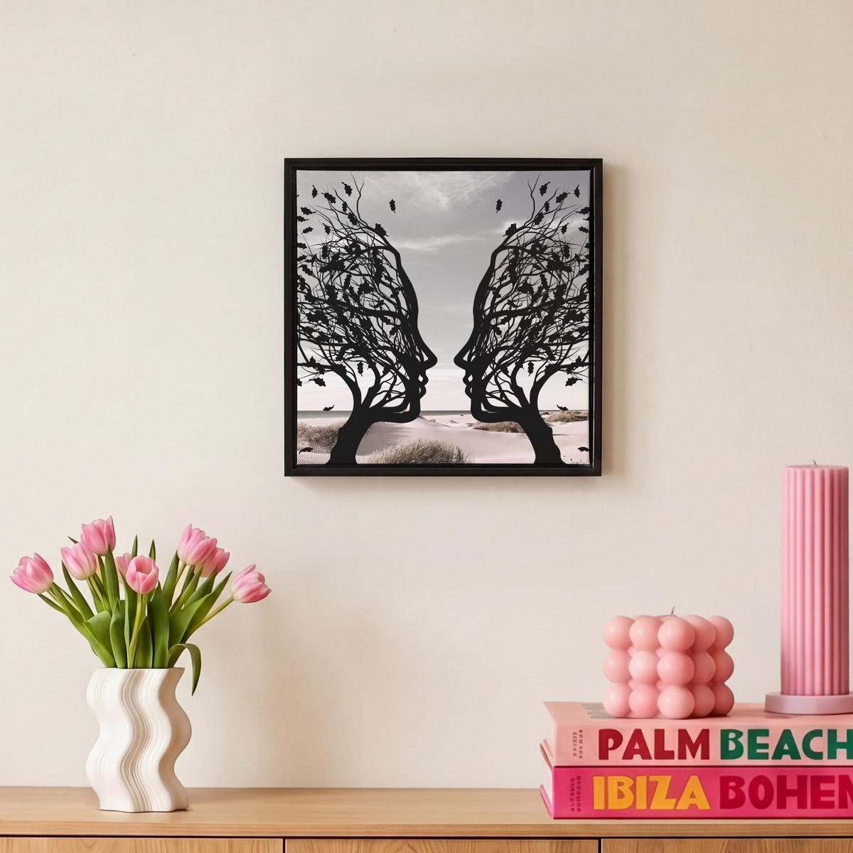 LEINWAND Bilder mit Rahmen - Strand - Meer - Menschen - Baum - Moderne Kunst - 20x20 - Hellgrau, Textil (20/20cm) - MuchoWow