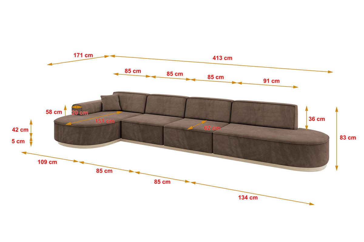 ECKSOFA Ottomane Links MARI-L3-v1 - 413x171x83 cm Braun Velours - Braun, Holzwerkstoff/Textil (413/171cm) - ALTDECOR