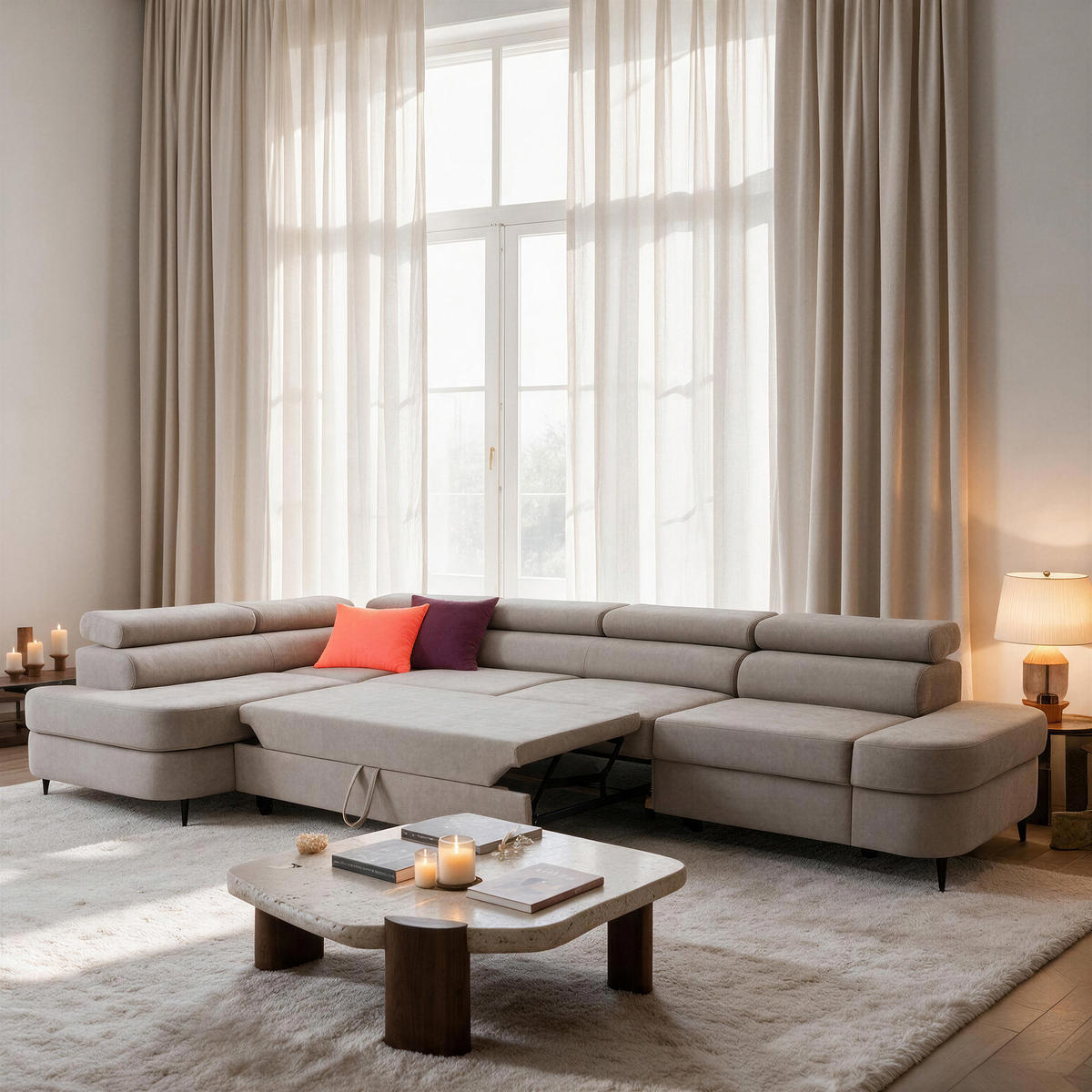 ECKSOFA PRIAM MAXI L-Form Links mit Schlaffunktion 125x195 Velours Beige - Beige/Schwarz, Holz/Textil (203/350cm) - Muffo