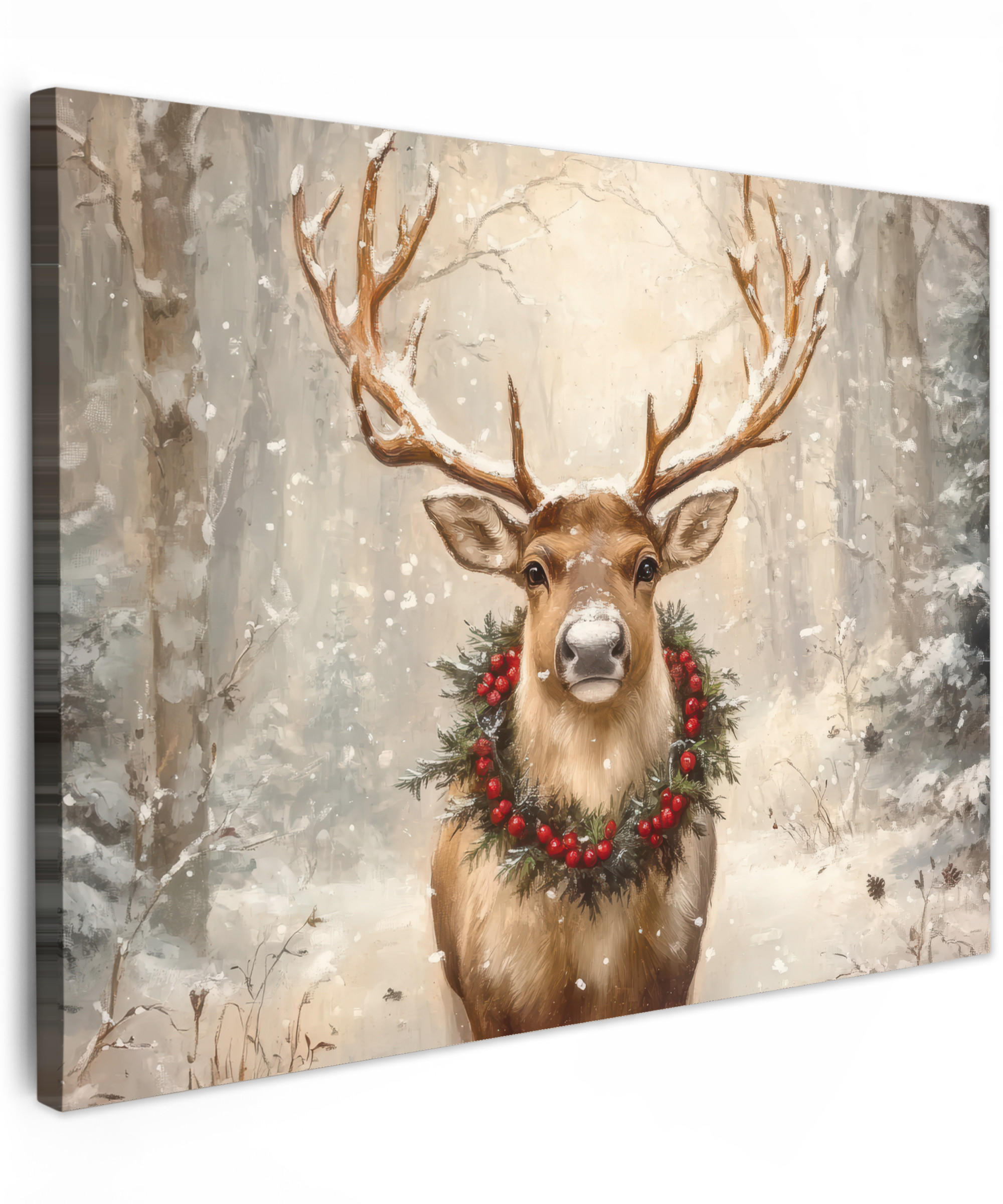 LEINWANDBILD Weihnachten - Rentier - Winter - Kranz 40x30 cm - Naturfarben, Textil (40/30cm) - MuchoWow