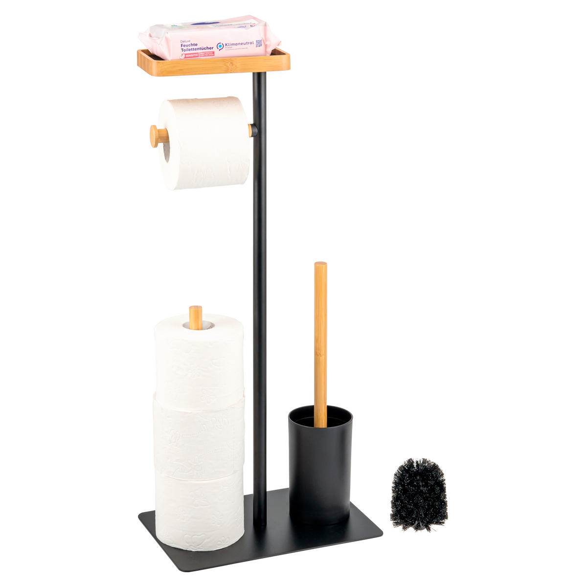 STAND-WC-GARNITUR 4in1, Bambus/Metall schwarz - Schwarz, Metall (30/68/20cm) - eluno
