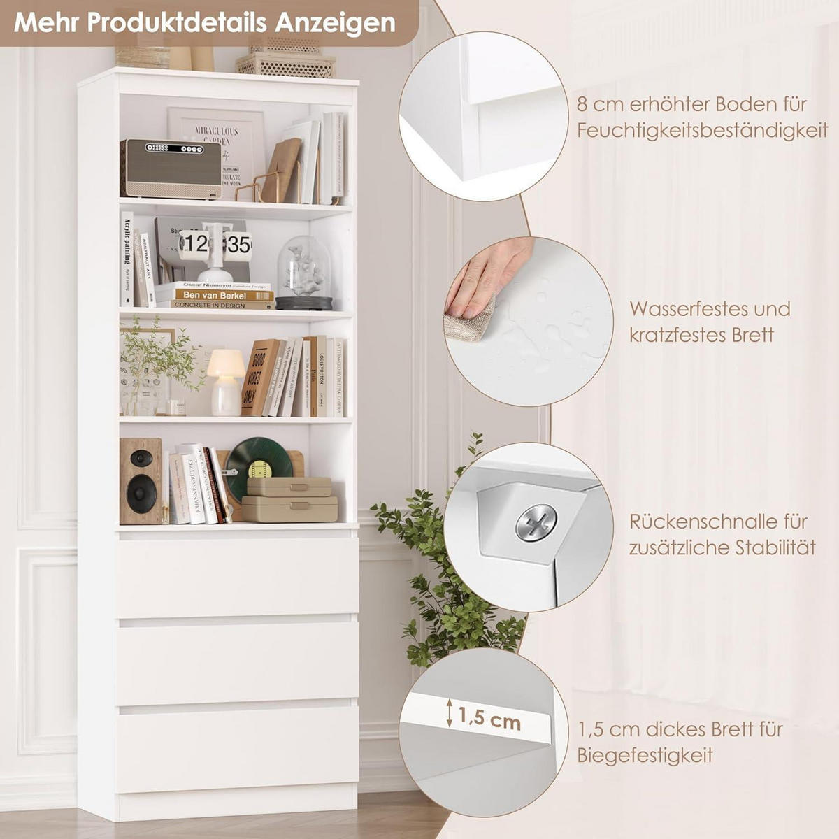 BÜCHERREGAL mit 3 Schubladen weiß 202 x 60 x 35 cm - Weiß, Holzwerkstoff (60/202/35cm)