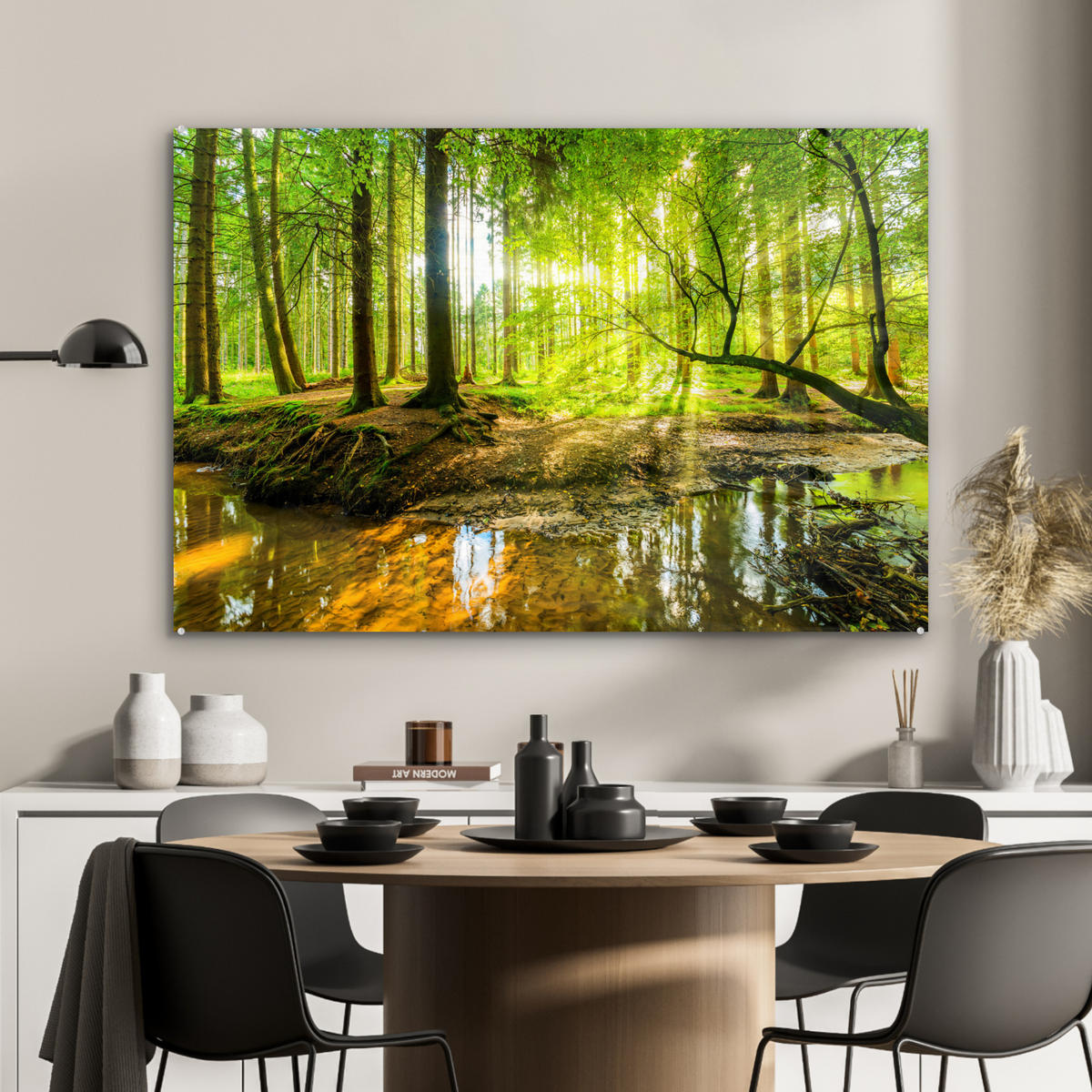 ACRYLGLASBILD Wald - Landschaft - Wasser - Bäume - Sonne - Grün - Natur 120x80 cm - Grün, Glas (120/80cm) - MuchoWow
