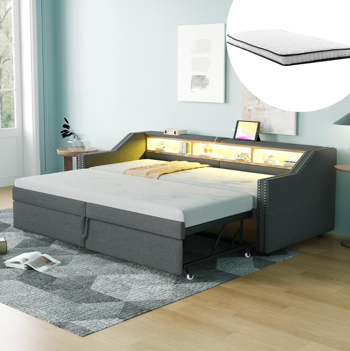AUSZIEHBETT 90/180 x 200 cm Dunkelgrau mit LED-Beleuchtung und USB-Anschluss - Dunkelgrau, Textil (90/190cm) - Flora Grace