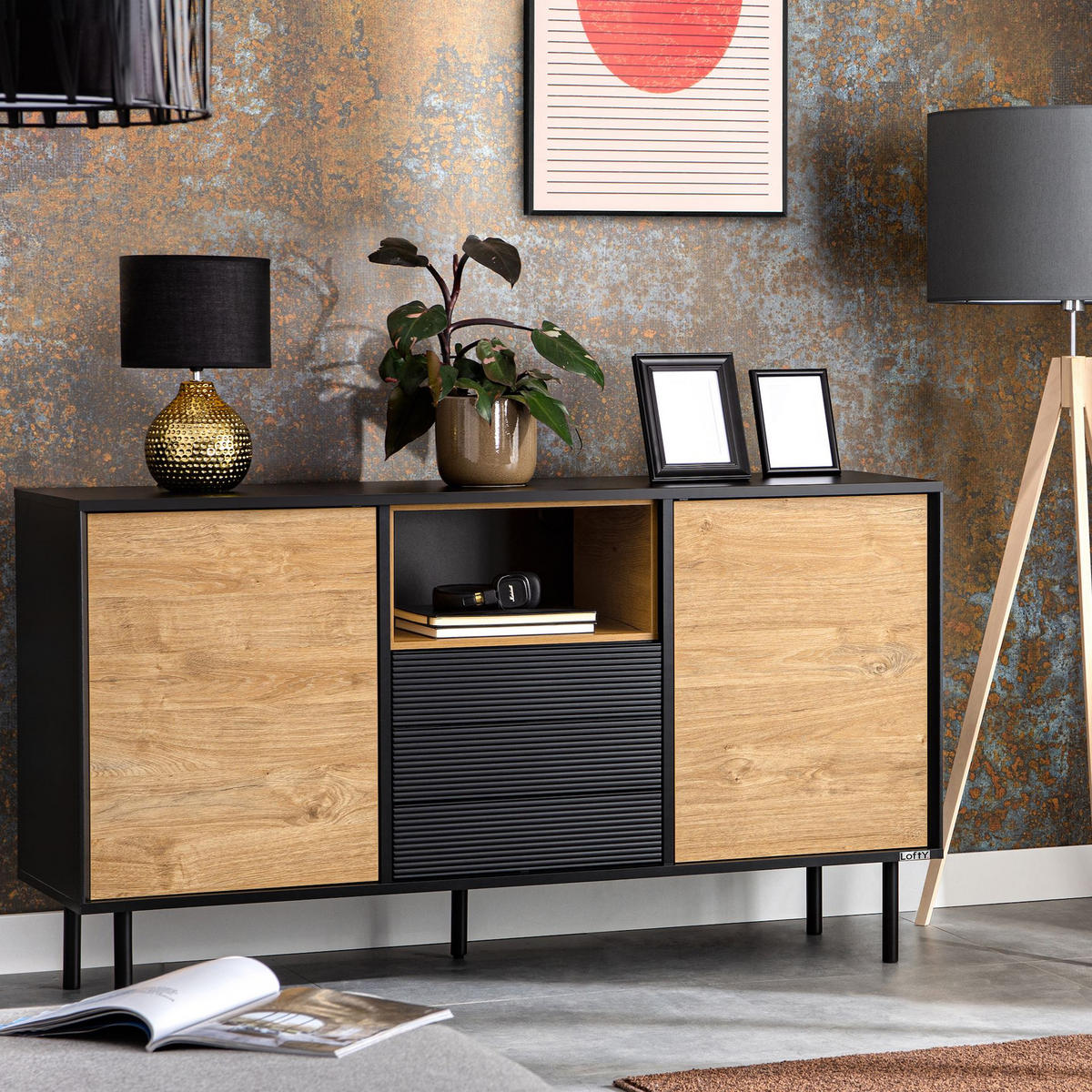 KOMMODE LOFTY Kreuzeinlage, schwarz / Eiche natur - Eichefarben/Multicolor, Holzwerkstoff (151/84/41cm) - KONSIMO®