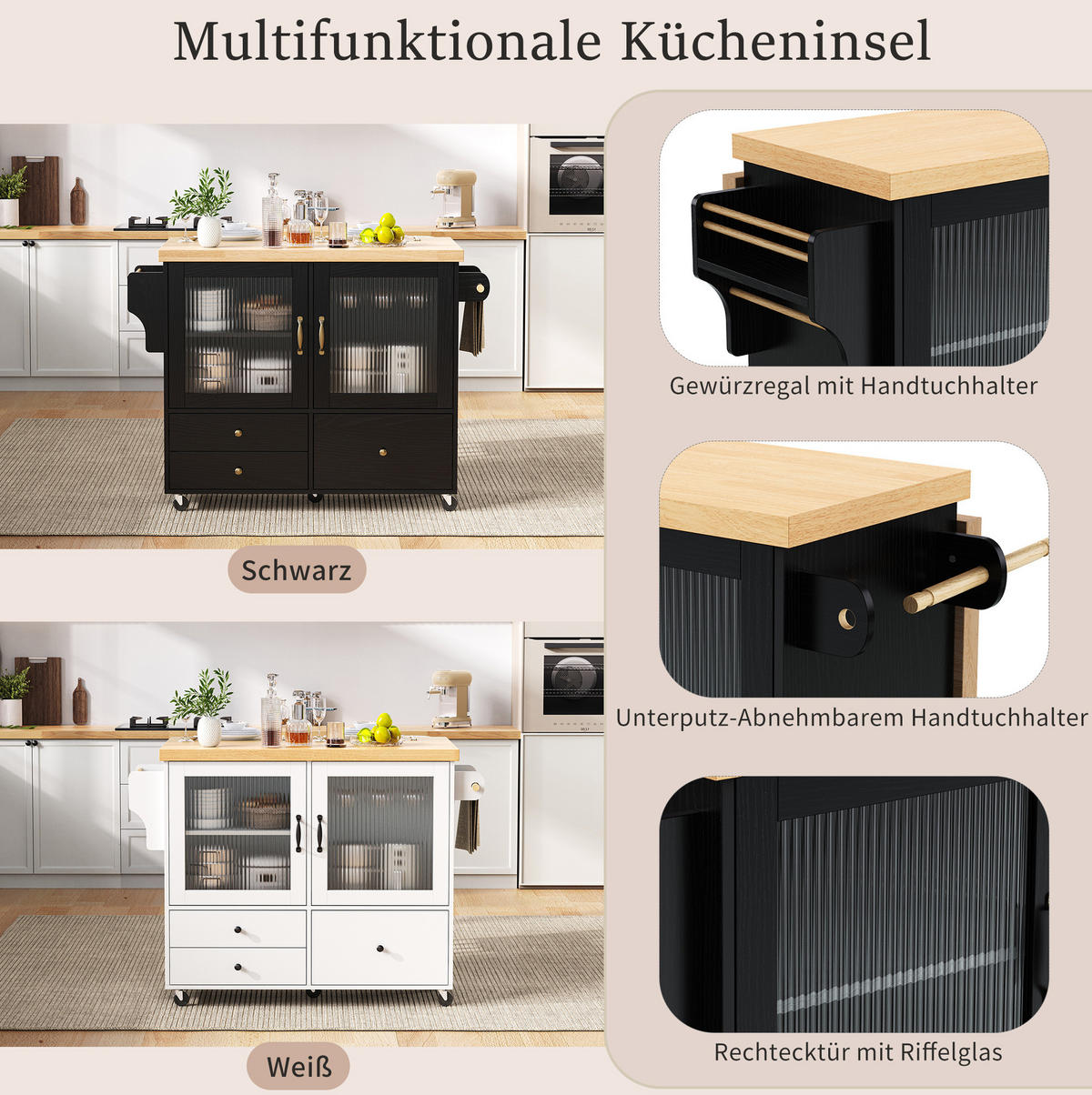 KÜCHENINSEL mit Rollen und Ausziehplatte 100 cm Schwarz/Natur - Schwarz, Holz (42/91.5/100cm) - Beauniv