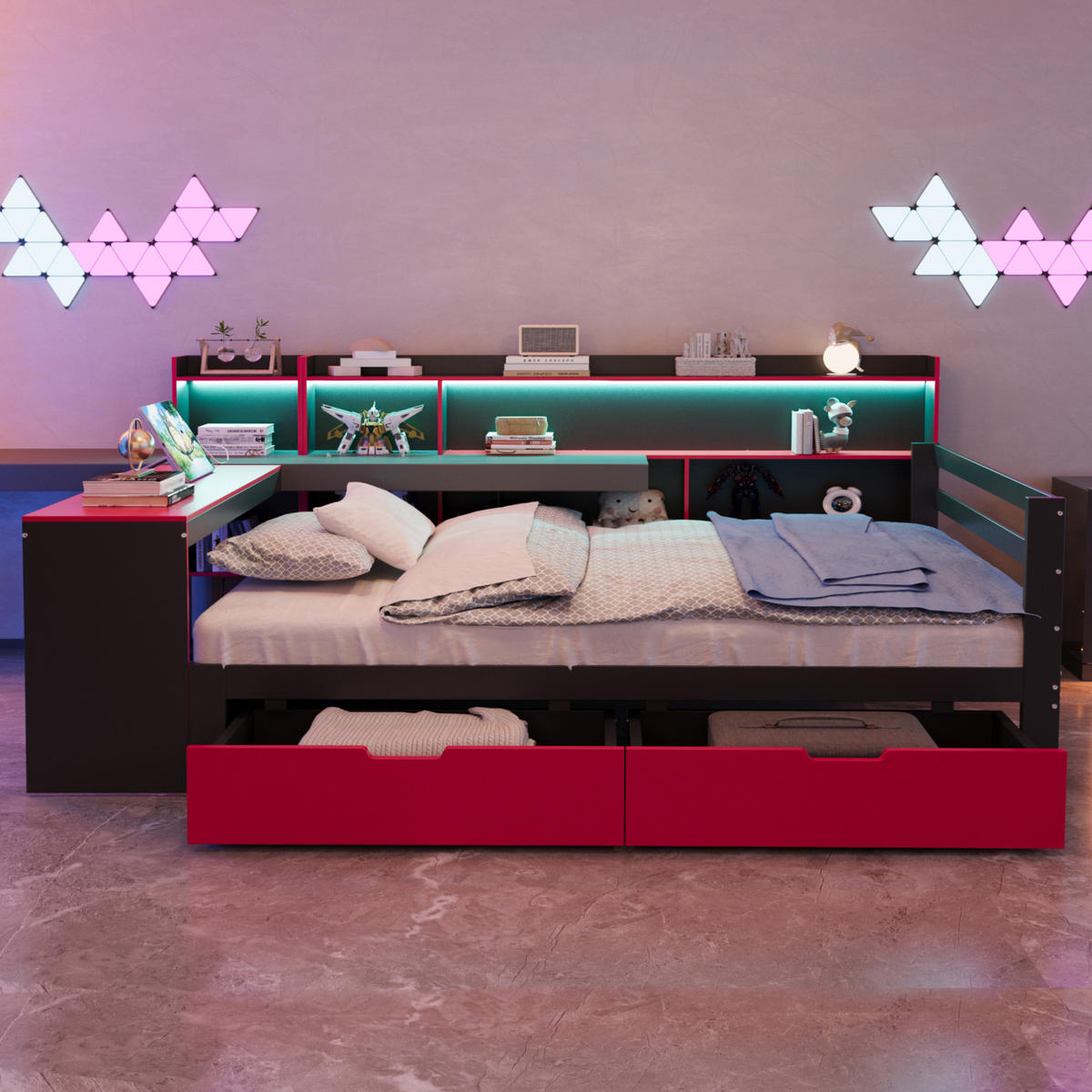 KINDERBETT 140/200 cm DE-01551, in Schwarz + Rot, mit Schreibtisch, Bücherregal und LED - Rot, Holz (140/200cm) - ComfortXL