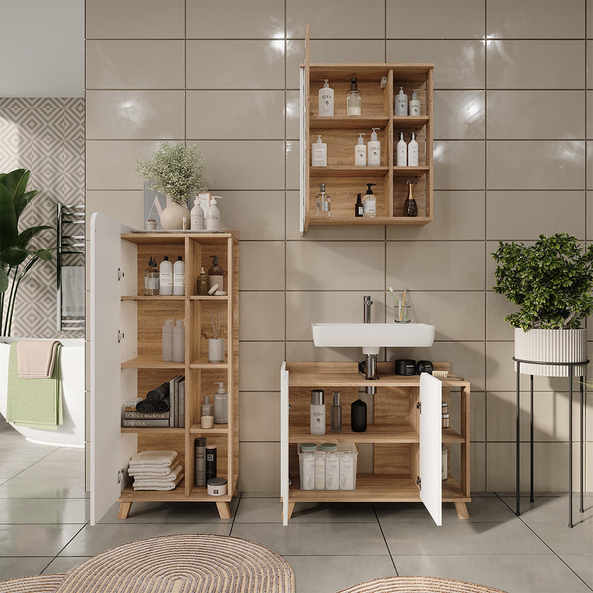 BADMÖBEL-SET Karen Sonoma/Weiß 3 Teile - Weiß/Sonoma Eiche, Holzwerkstoff (80/65/35cm) - Vicco