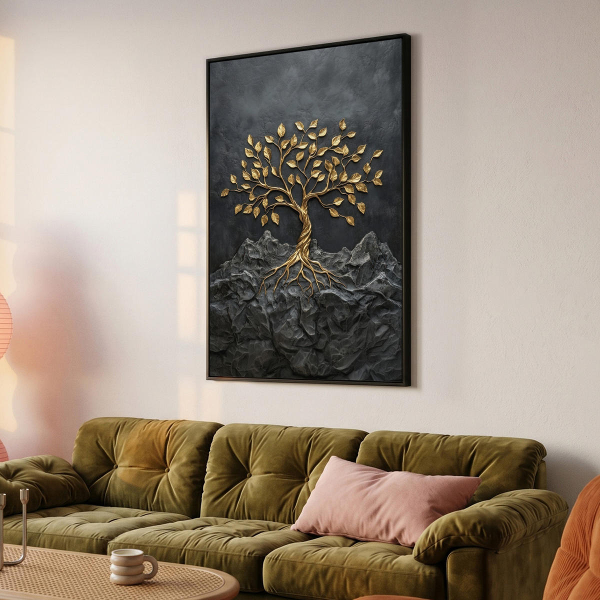 LEINWAND Bilder mit Rahmen - Blätter - Gold - Baum - Fels - 100x150 - Schwarz, Textil (100/150cm) - MuchoWow