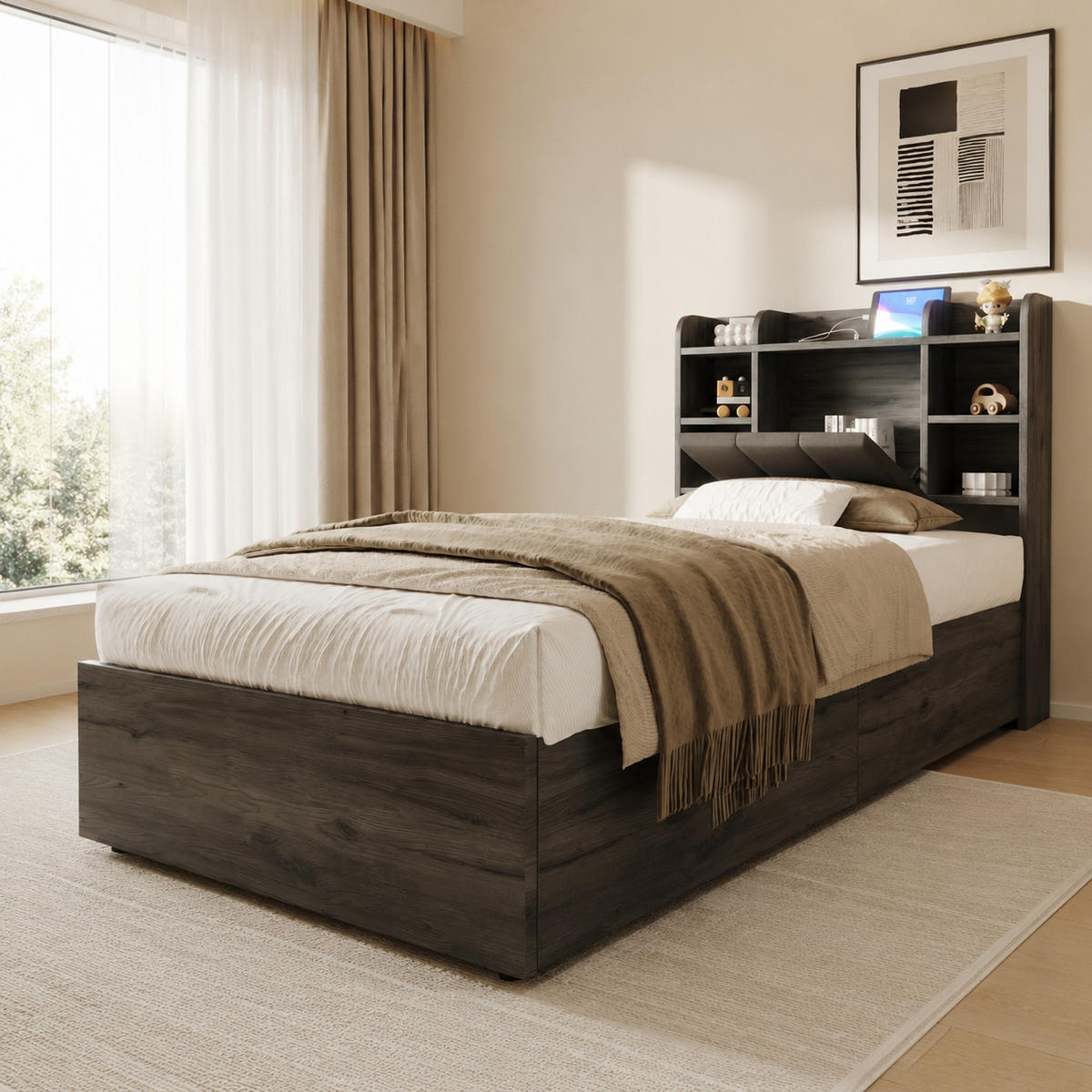 BETT 90/200 cm aus MDF mit USB-/Tape-C-Steckdose und Stauraum, Grau - Grau, Holzwerkstoff (90/200cm) - OKMYHOME