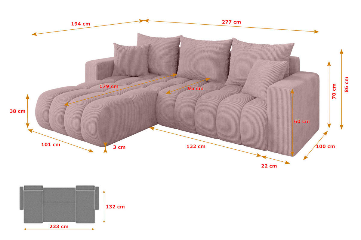 ROHOVÁ SEDAČKA s funkcí spaní, otoman vlevo MILA-L-v1 277x195x86 růžová manšestr - růžová/černá, kompozitní dřevo/textil (277/194cm) - ALTDECOR