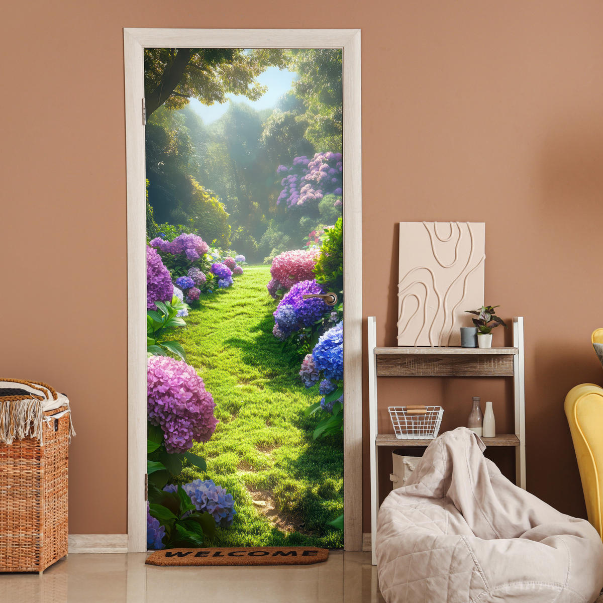 TÜRAUFKLEBER Natur - Hortensie - Blumen - Grün 85x215 cm - Türtapete - Hellgrün, Kunststoff (85/0.1cm) - MuchoWow