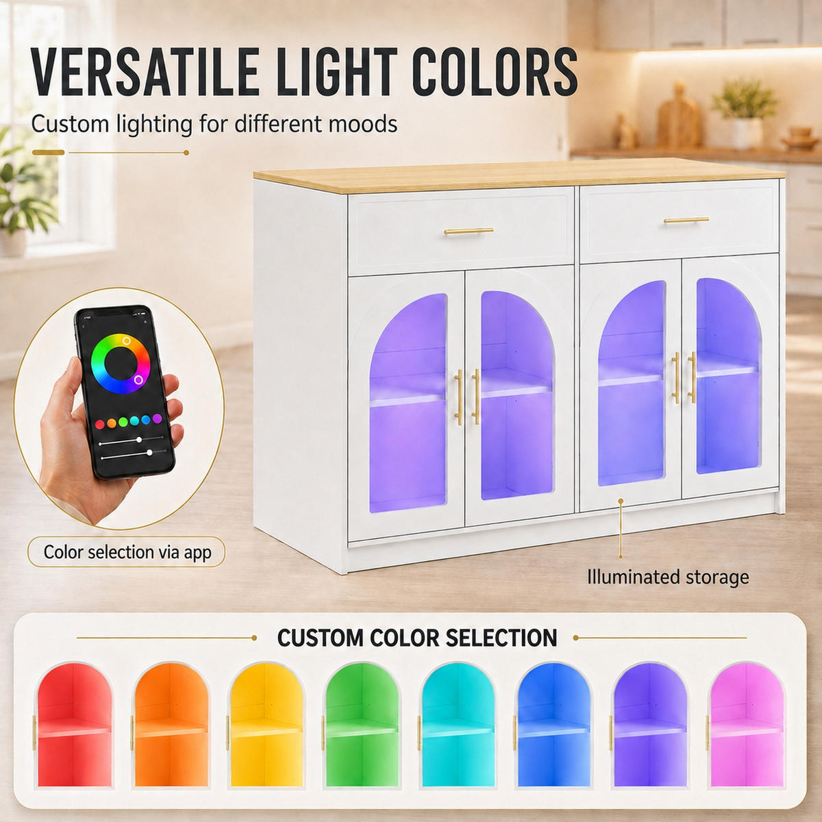 KÜCHENINSEL Mit LED-Beleuchtung, Freistehender , Für Esszimmer Und Küche, 135/55/91 cm - Weiß, Holzwerkstoff (55/91/135cm) - Rolipo
